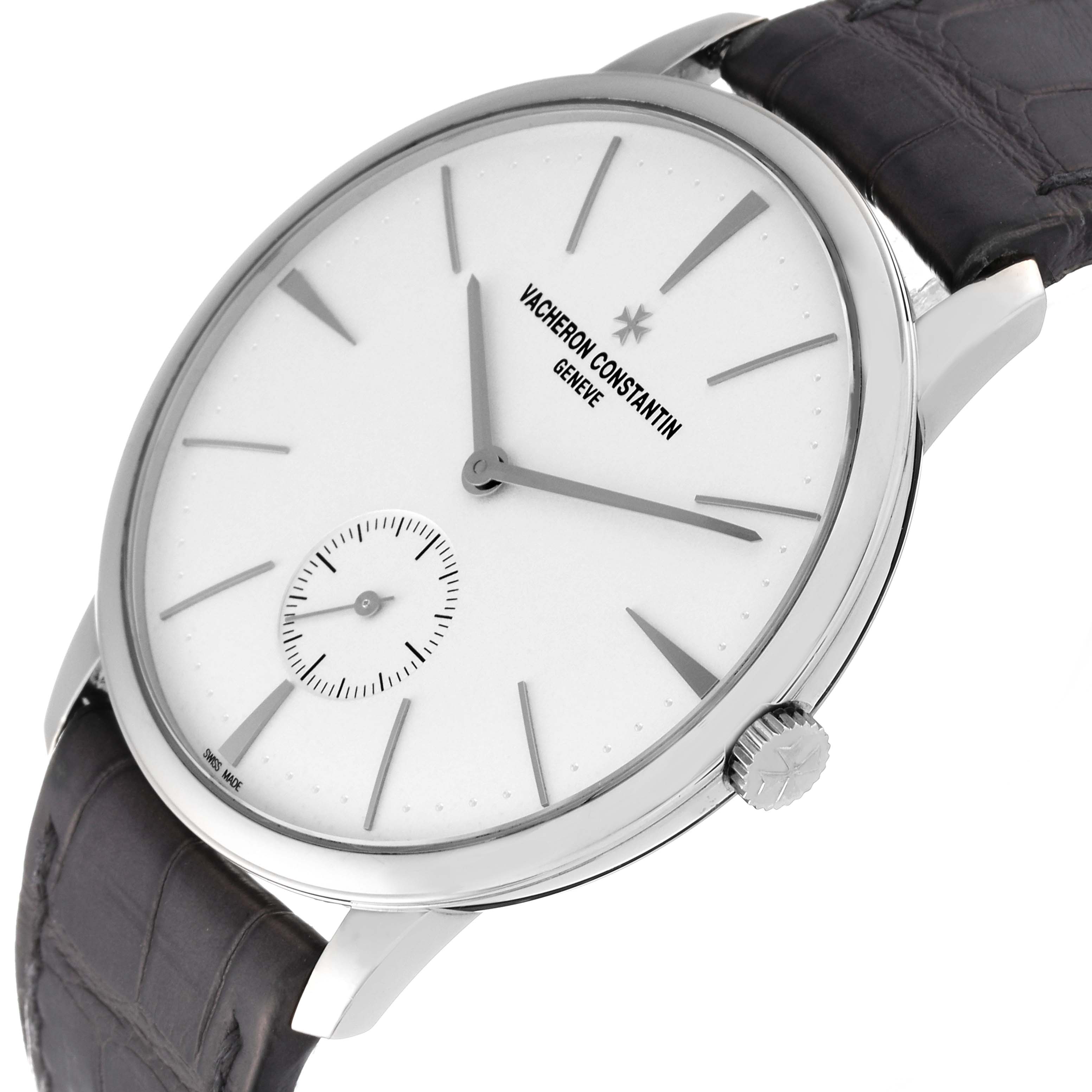 The image shows a front-angle view of the dial and part of the strap of the Vacheron Constantin Patrimony 1110U/000G-B086 Men's White Gold Silver Dial 1110U/000G-B086 Men's White Gold Silver Dial watch.