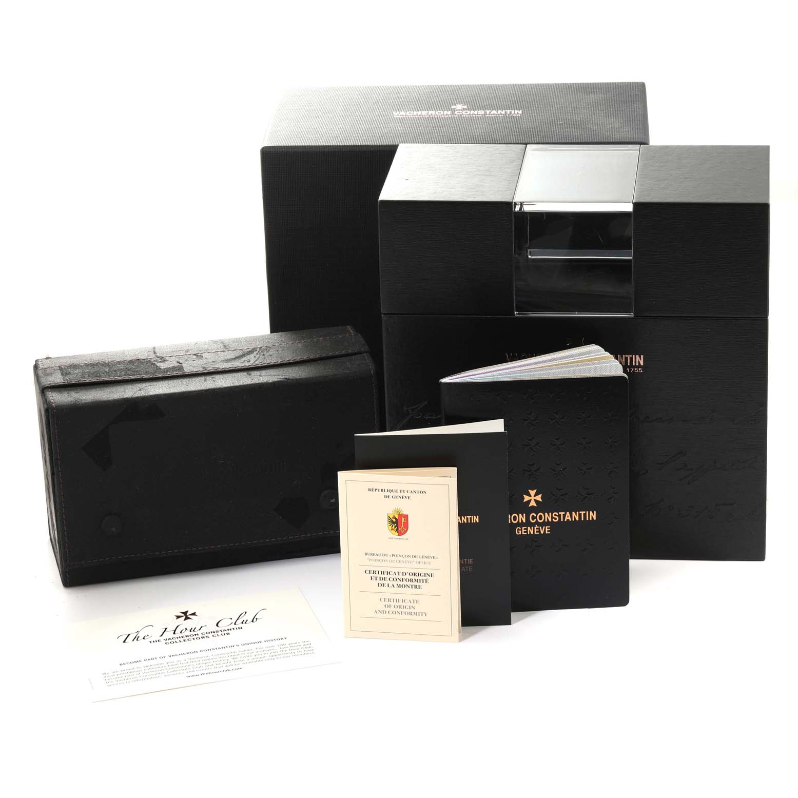 This image shows the complete packaging of the Vacheron Constantin Patrimony 1110U/000G-B086 Men's White Gold Silver Dial 1110U/000G-B086 Men's White Gold Silver Dial model, including the box, documents, and a certificate.