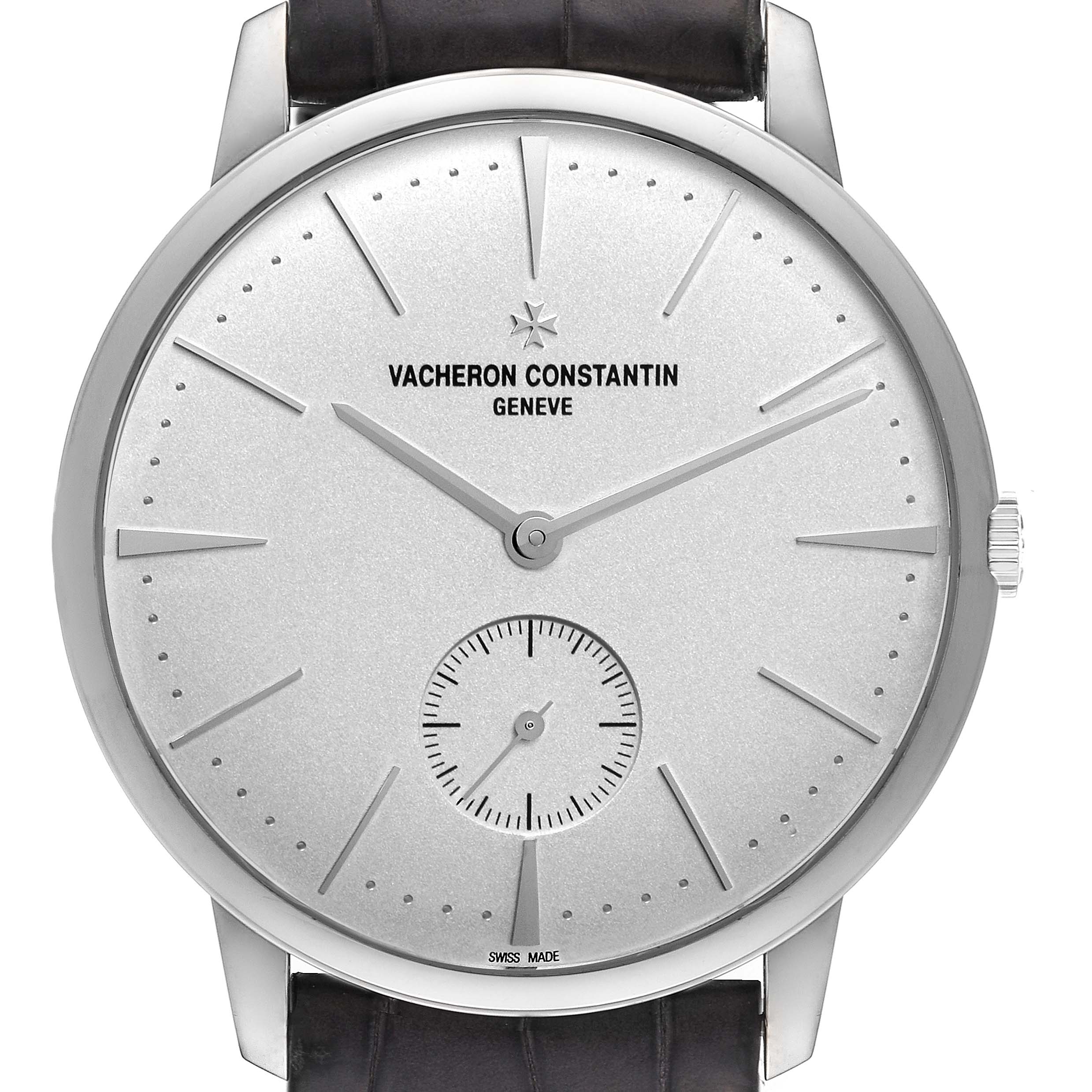 The image shows a front view of the Vacheron Constantin Patrimony 1110U/000G-B086 Men's White Gold Silver Dial 1110U/000G-B086 Men's White Gold Silver Dial watch, displaying the dial, hands, markers, and crown.