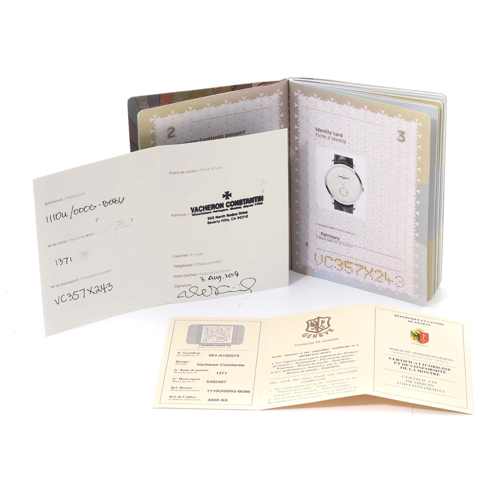 The image shows the warranty and authentication papers for the Vacheron Constantin Patrimony 1110U/000G-B086 Men's White Gold Silver Dial 1110U/000G-B086 Men's White Gold Silver Dial watch, displayed at various angles.