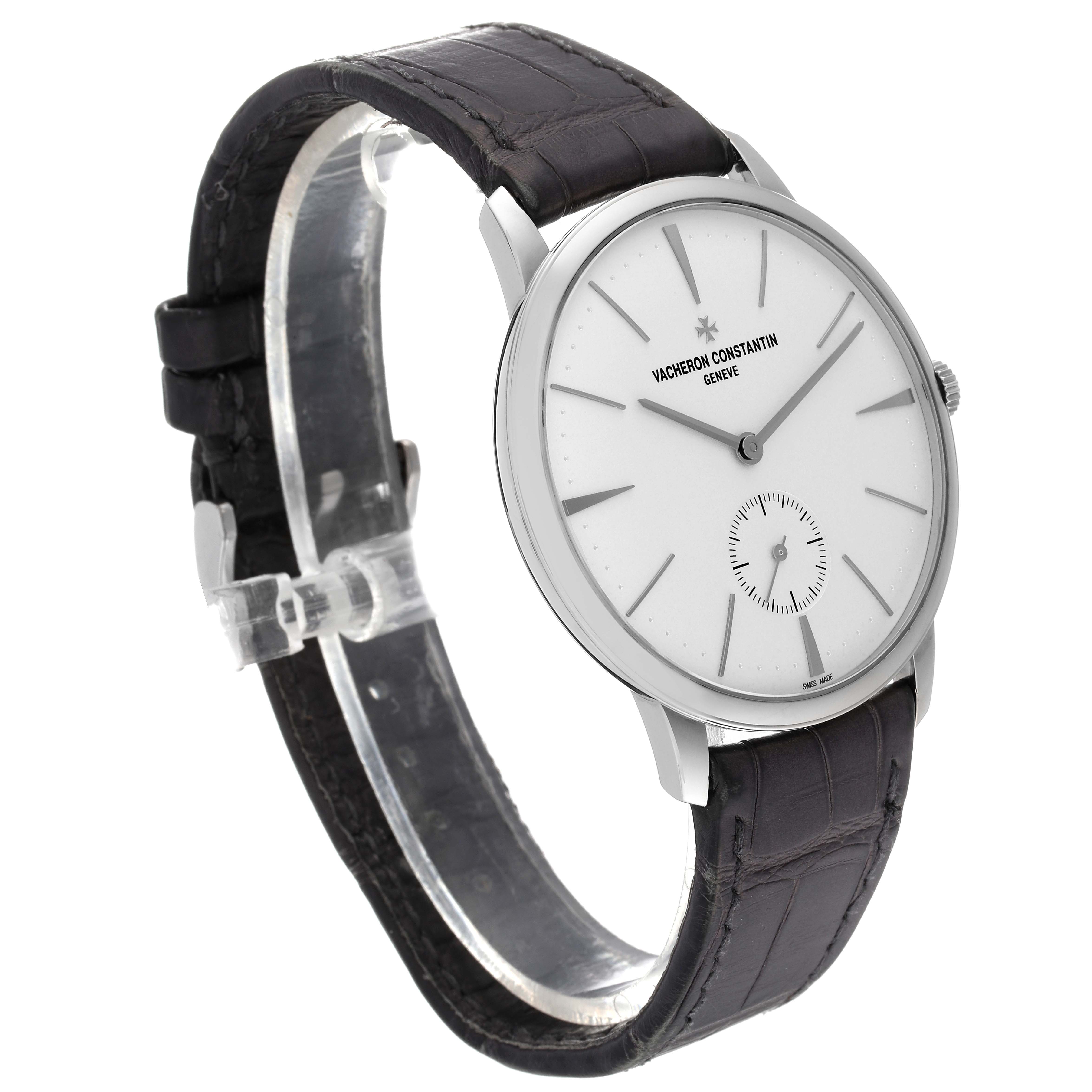 The image shows a Vacheron Constantin Patrimony 1110U/000G-B086 Men's White Gold Silver Dial 1110U/000G-B086 Men's White Gold Silver Dial watch at a three-quarter angle, displaying its face, strap, and case.