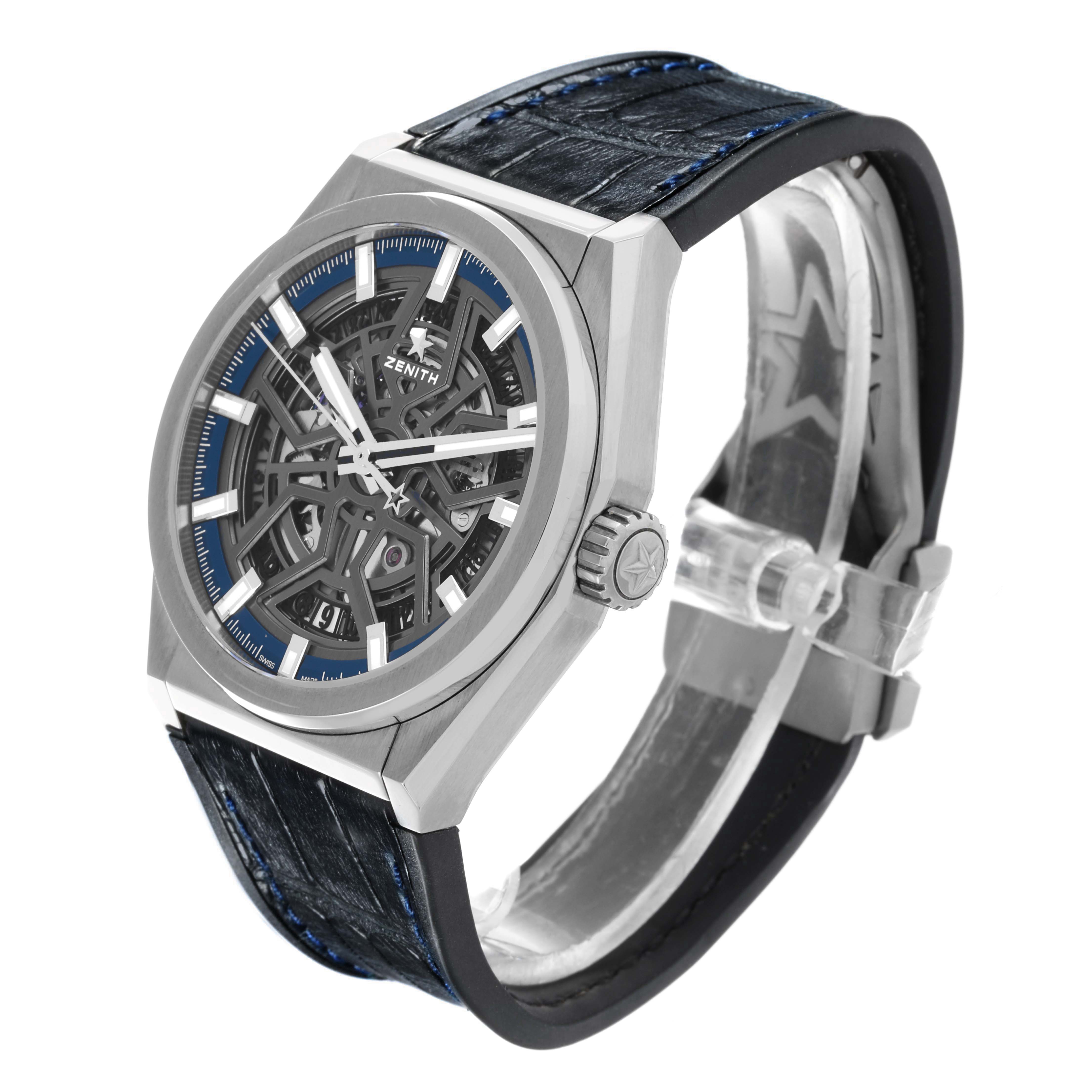 The Zenith Defy 95.9000.670 Men
s Stainless Steel Grey Dial 95.9000.670 Men
s Stainless Steel Grey Dial watch is shown at a slight angle, highlighting the face, bezel, case, crown, and part of the strap.