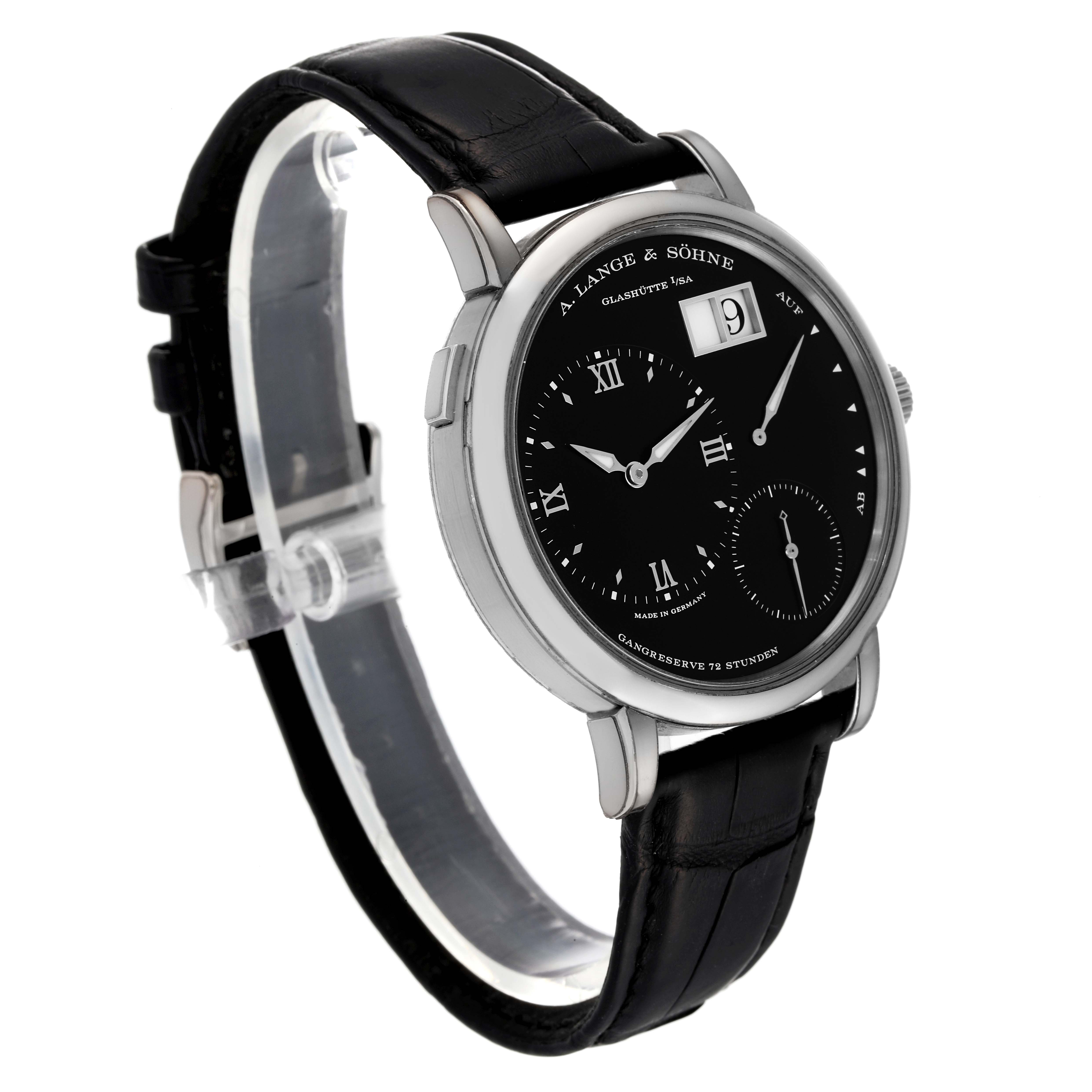 The image shows a side-angle view of the Richard Lange model by A. Lange & Söhne, highlighting the face, leather strap, and buckle.