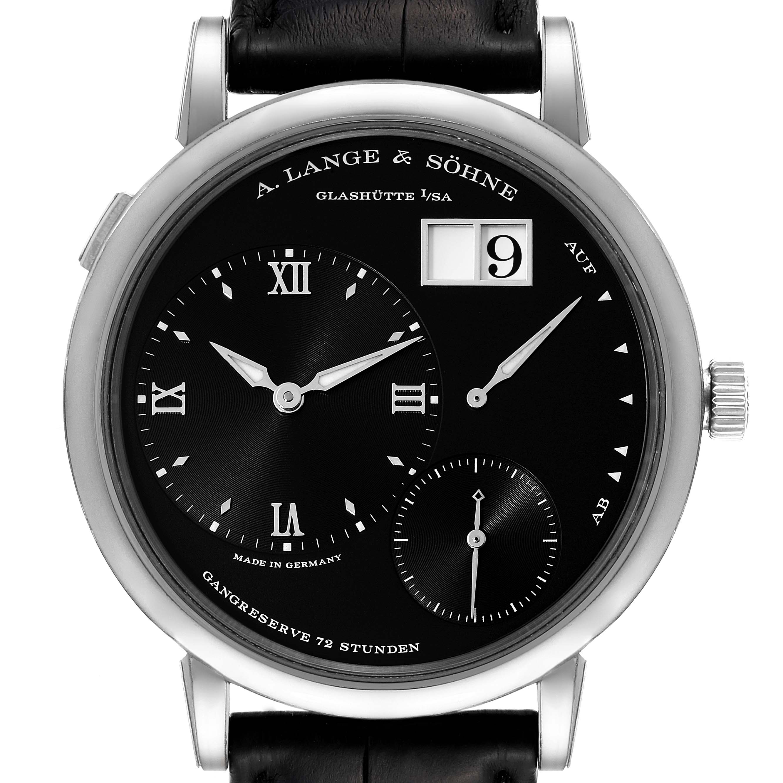 This is a front view of the A. Lange & Sohne Richard Lange 117.028 / LSLS1173AD Men's White Gold Black Dial watch, showing the dial, hands, sub-dial, and crown.