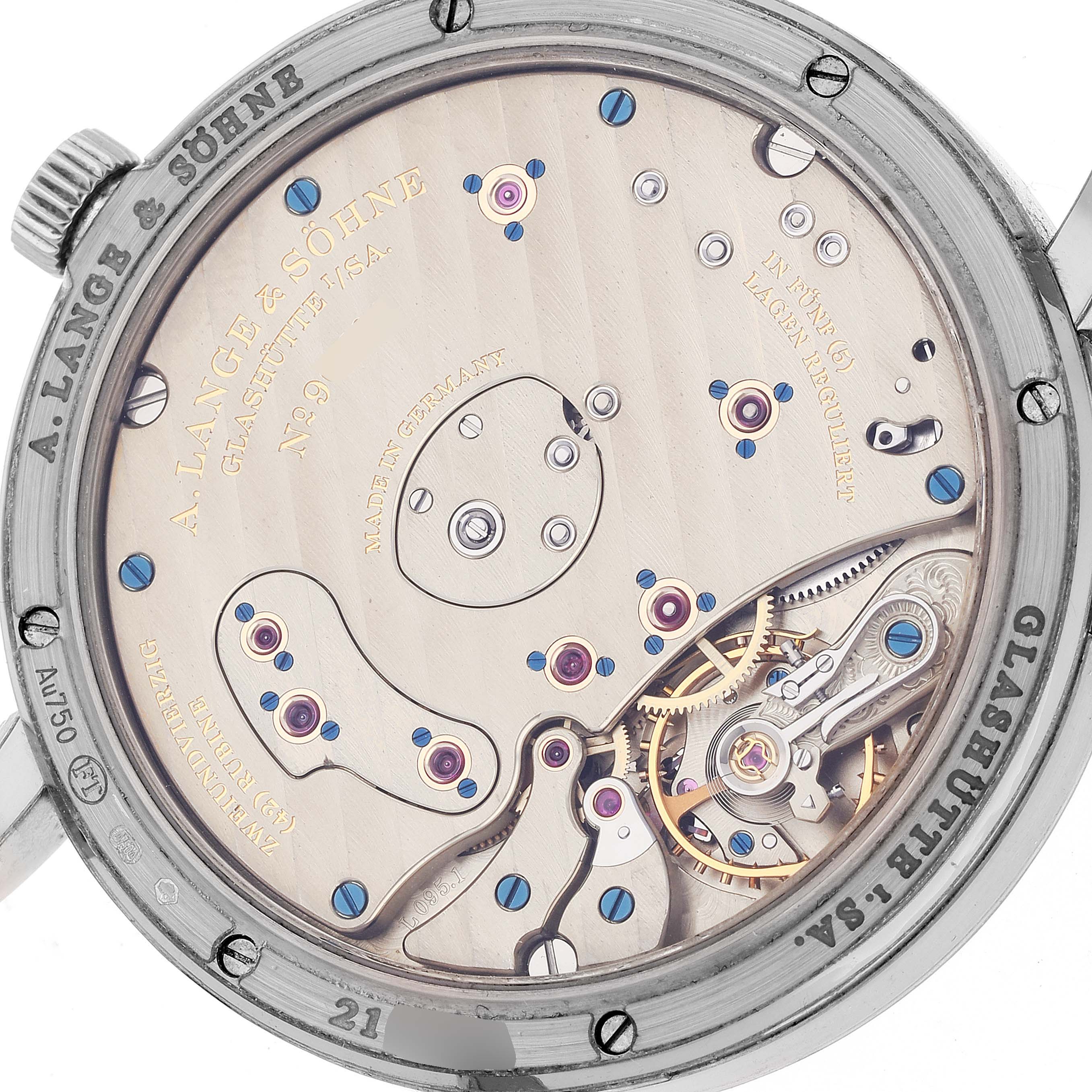 The image shows the case back of a Richard Lange model watch by A. Lange & Söhne, highlighting the intricate movement and engraving details.