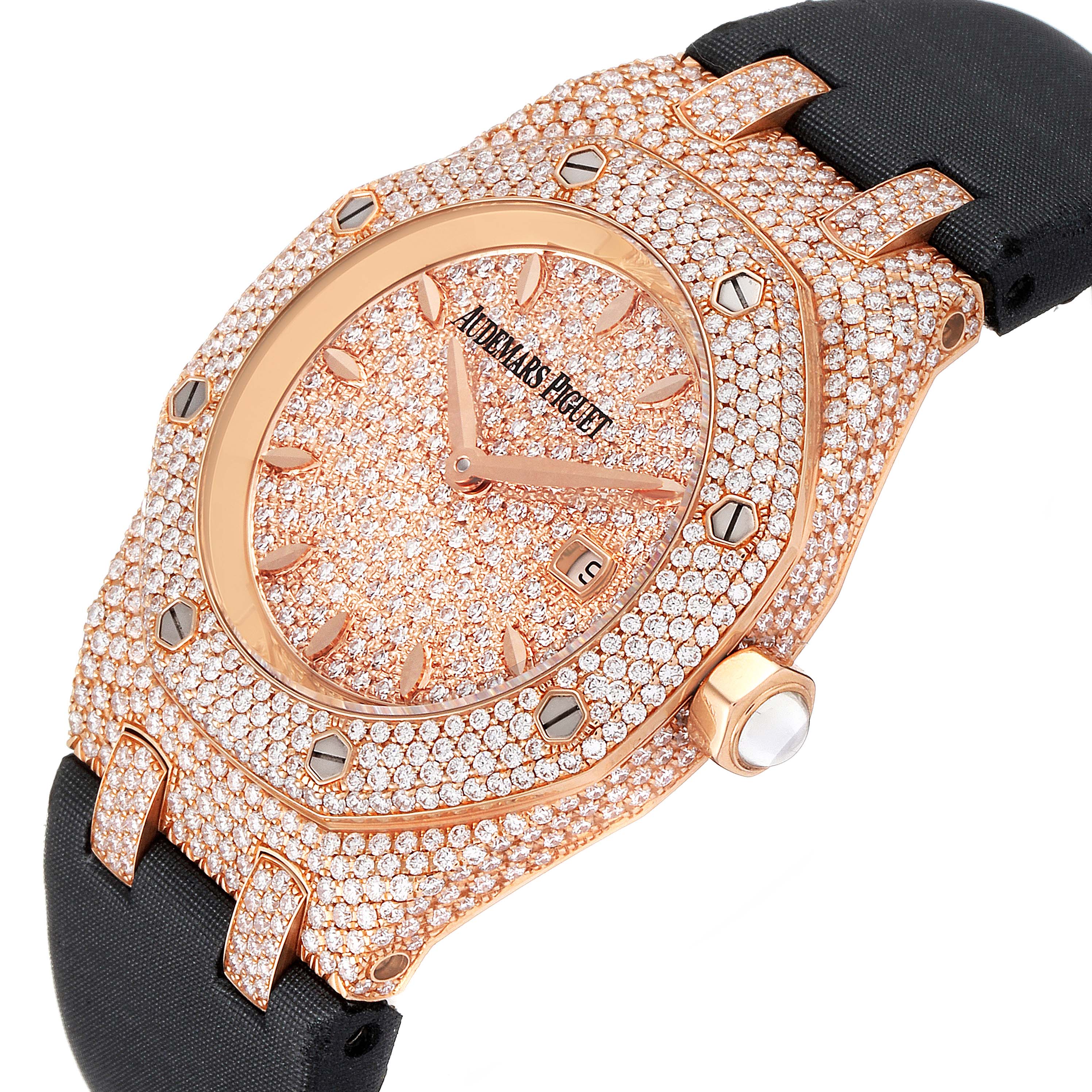 This image displays the face and part of the strap of the Royal Oak model by Audemars Piguet, featuring a diamond-encrusted design.