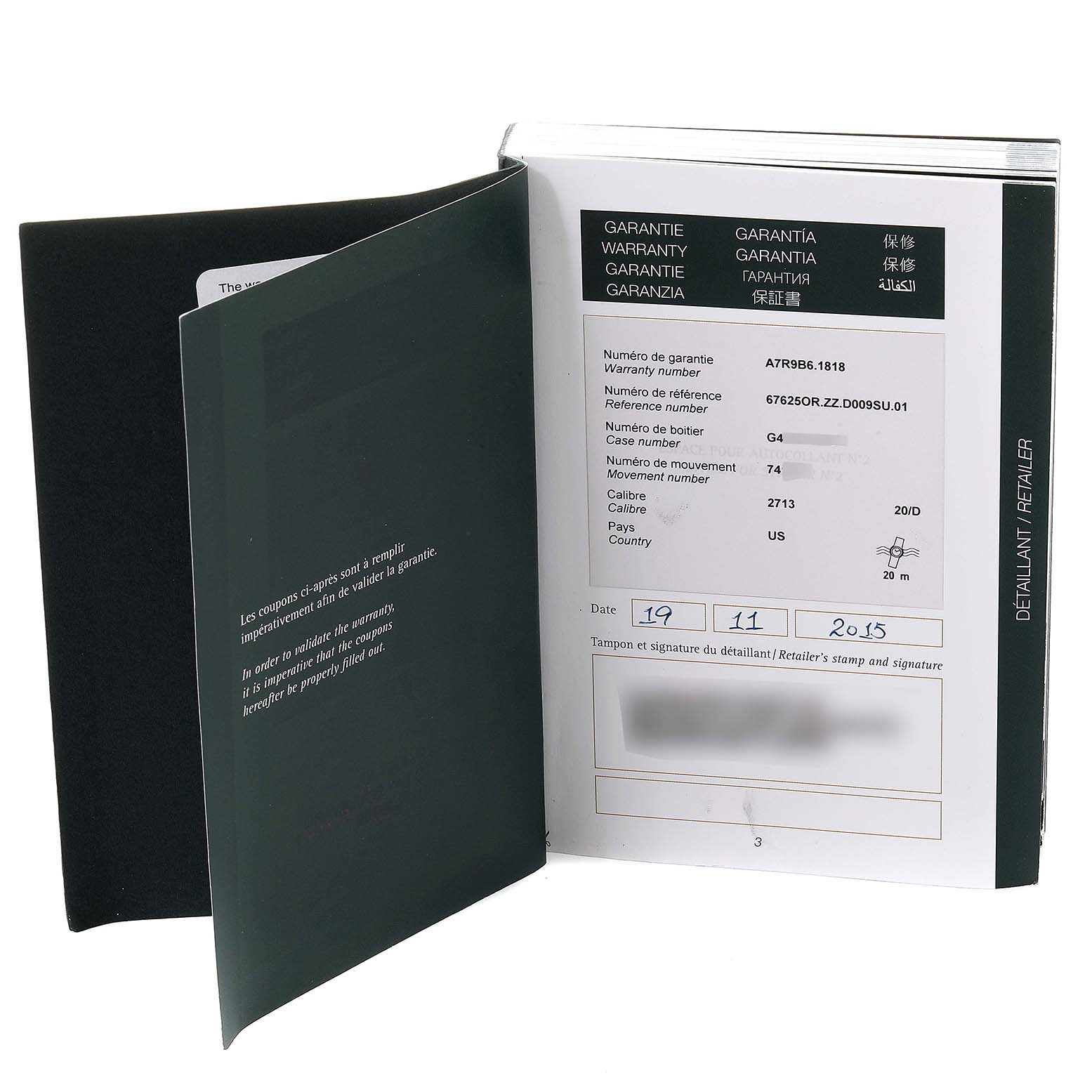 The image shows an open warranty booklet for the Royal Oak model by Audemars Piguet, displaying details like warranty and reference numbers.