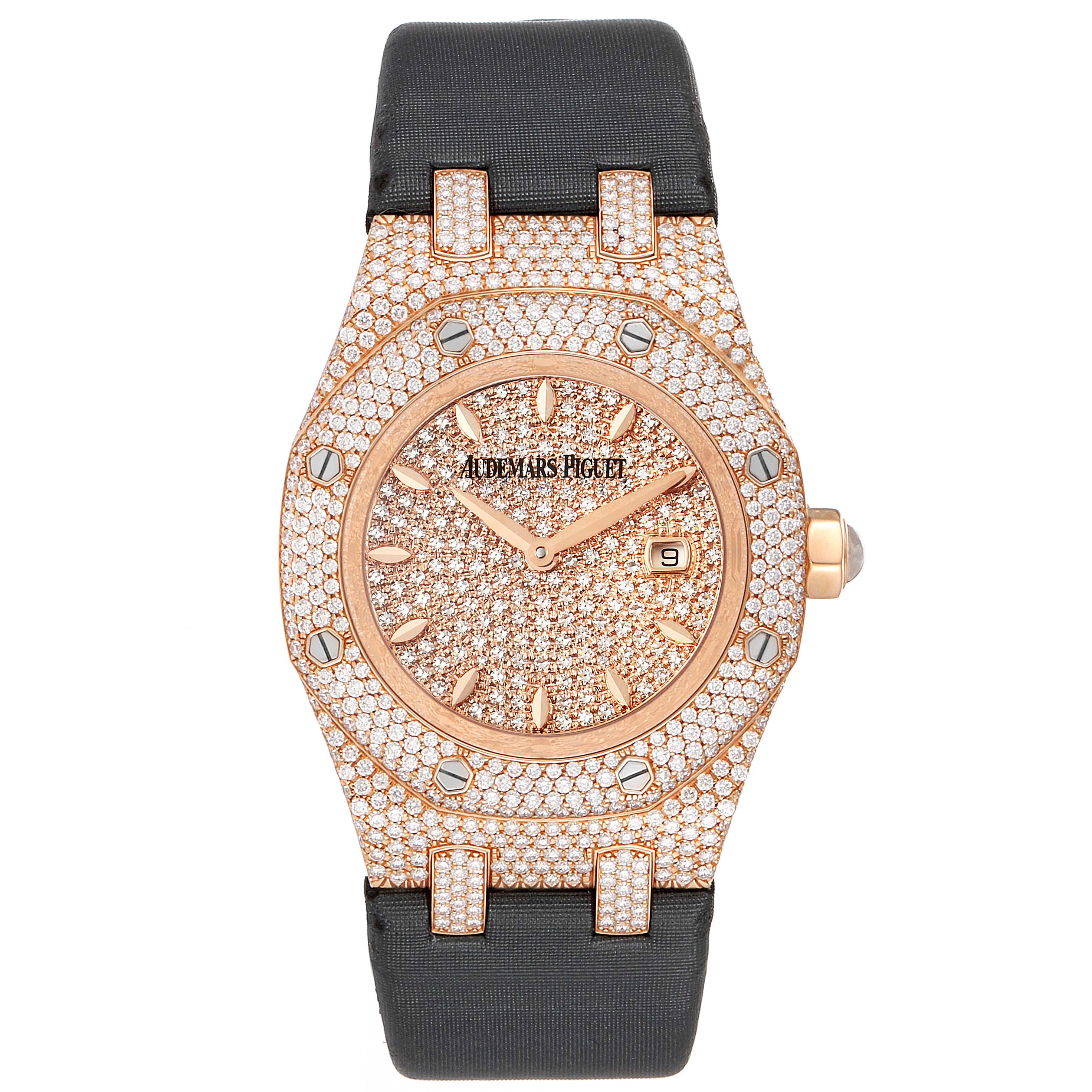 This image shows a frontal view of the Audemars Piguet Royal Oak 67625OR.ZZ.D009SU.01 Women's Rose Gold Pink Dial 67625OR.ZZ.D009SU.01 Women's Rose Gold Pink Dial watch, showcasing its diamond-encrusted face and bezel with a black strap.