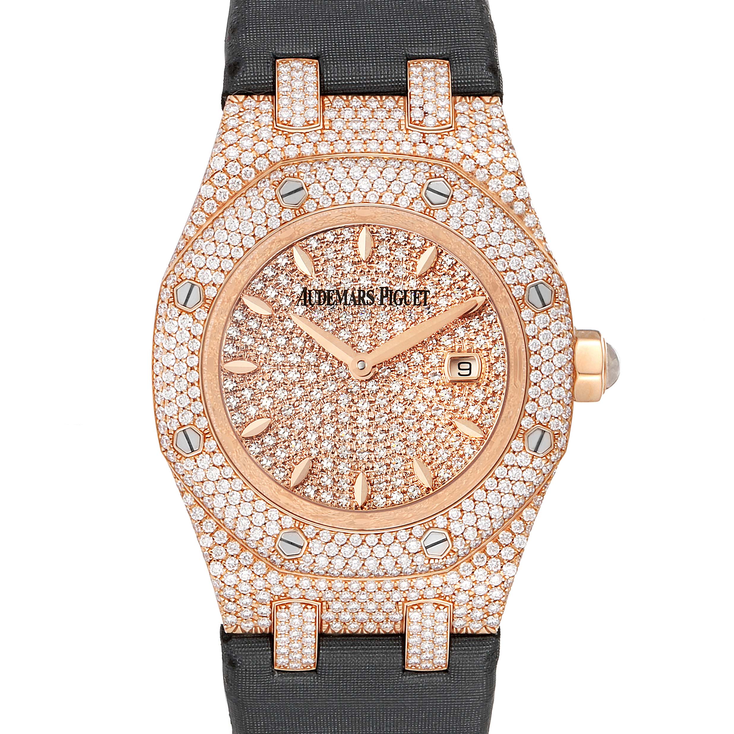 This image shows a front view of the Audemars Piguet Royal Oak 67625OR.ZZ.D009SU.01 Women's Rose Gold Pink Dial 67625OR.ZZ.D009SU.01 Women's Rose Gold Pink Dial watch, featuring a diamond-encrusted dial and bezel with a black strap.