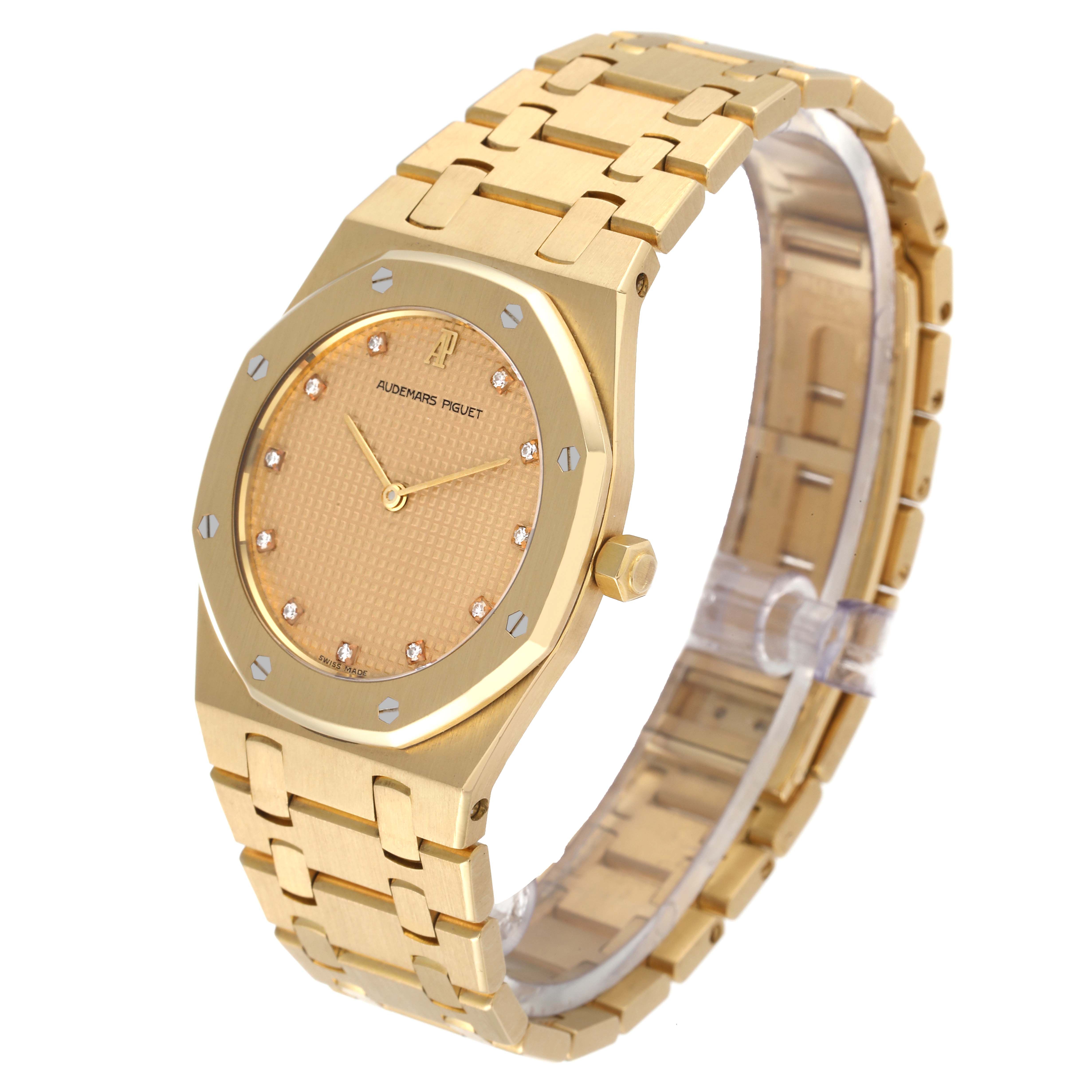 The image shows a side-angle view of a Royal Oak model by Audemars Piguet, highlighting the watch face, bezel, and bracelet.