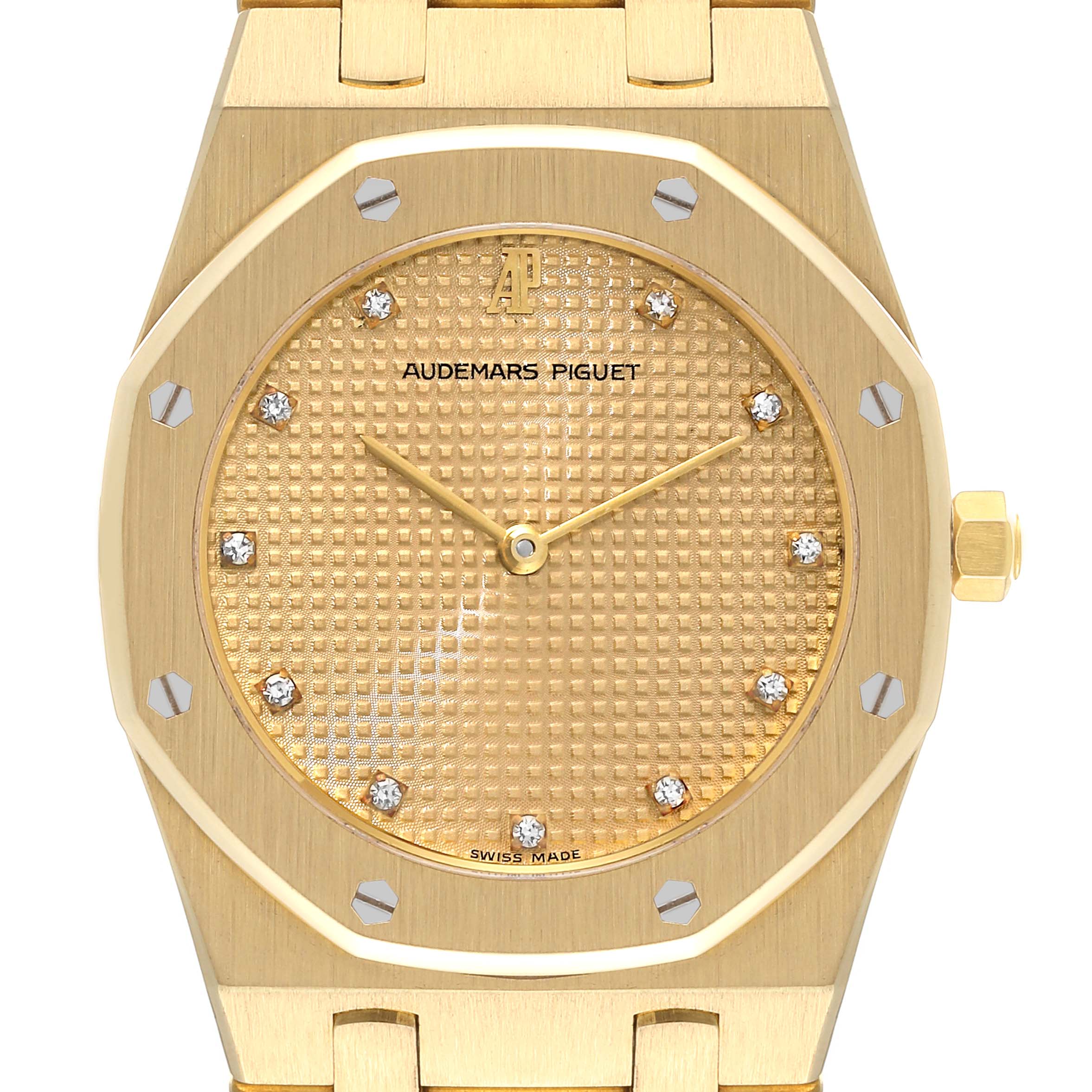 The image shows a frontal view of an Audemars Piguet Royal Oak 56303BA Men's Yellow Gold Champagne Dial 56303BA Men's Yellow Gold Champagne Dial, displaying its face, dial, hands, and part of the bracelet.