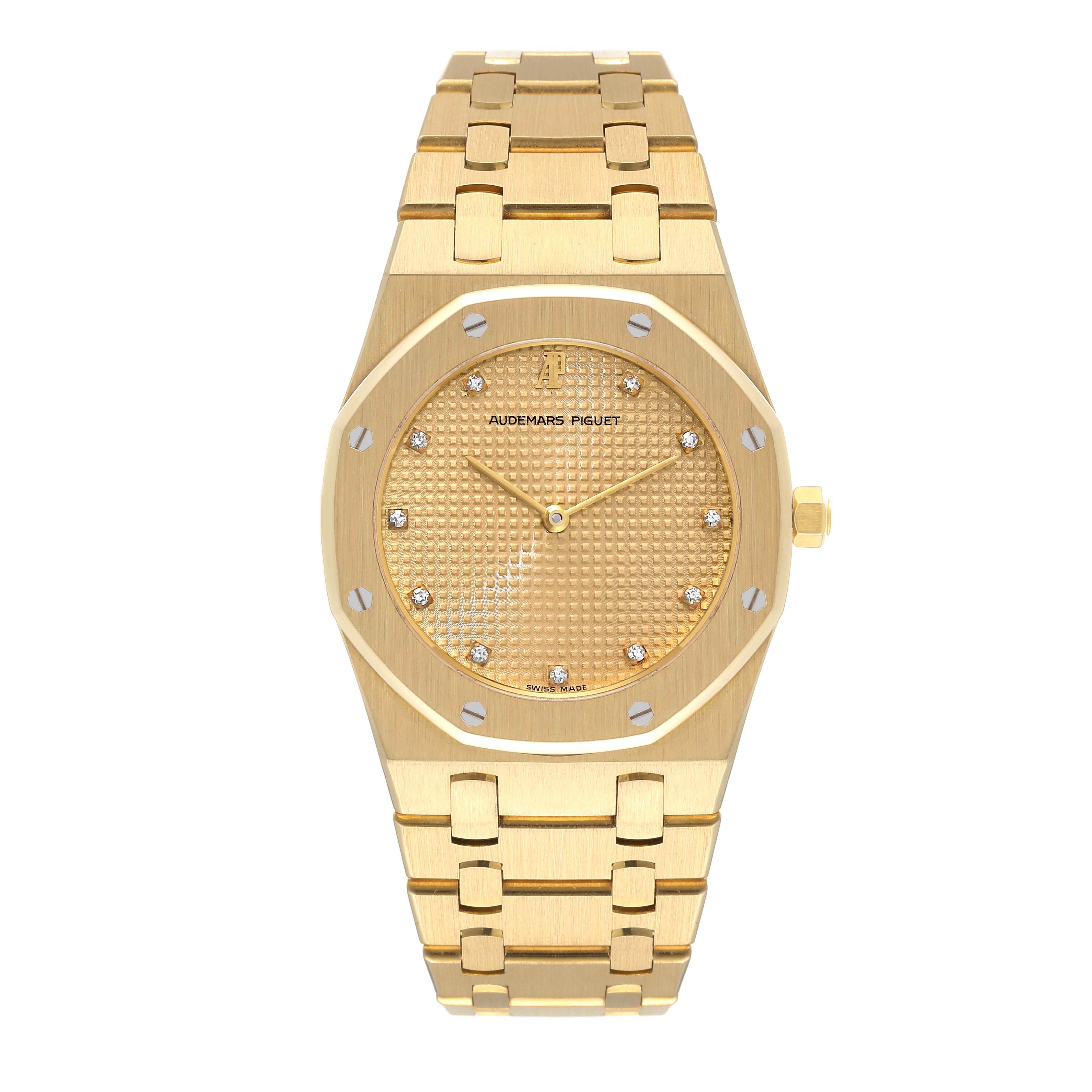 The image shows a front view of an Audemars Piguet Royal Oak 56303BA Men's Yellow Gold Champagne Dial 56303BA Men's Yellow Gold Champagne Dial watch, highlighting its gold bracelet, dial, and bezel.