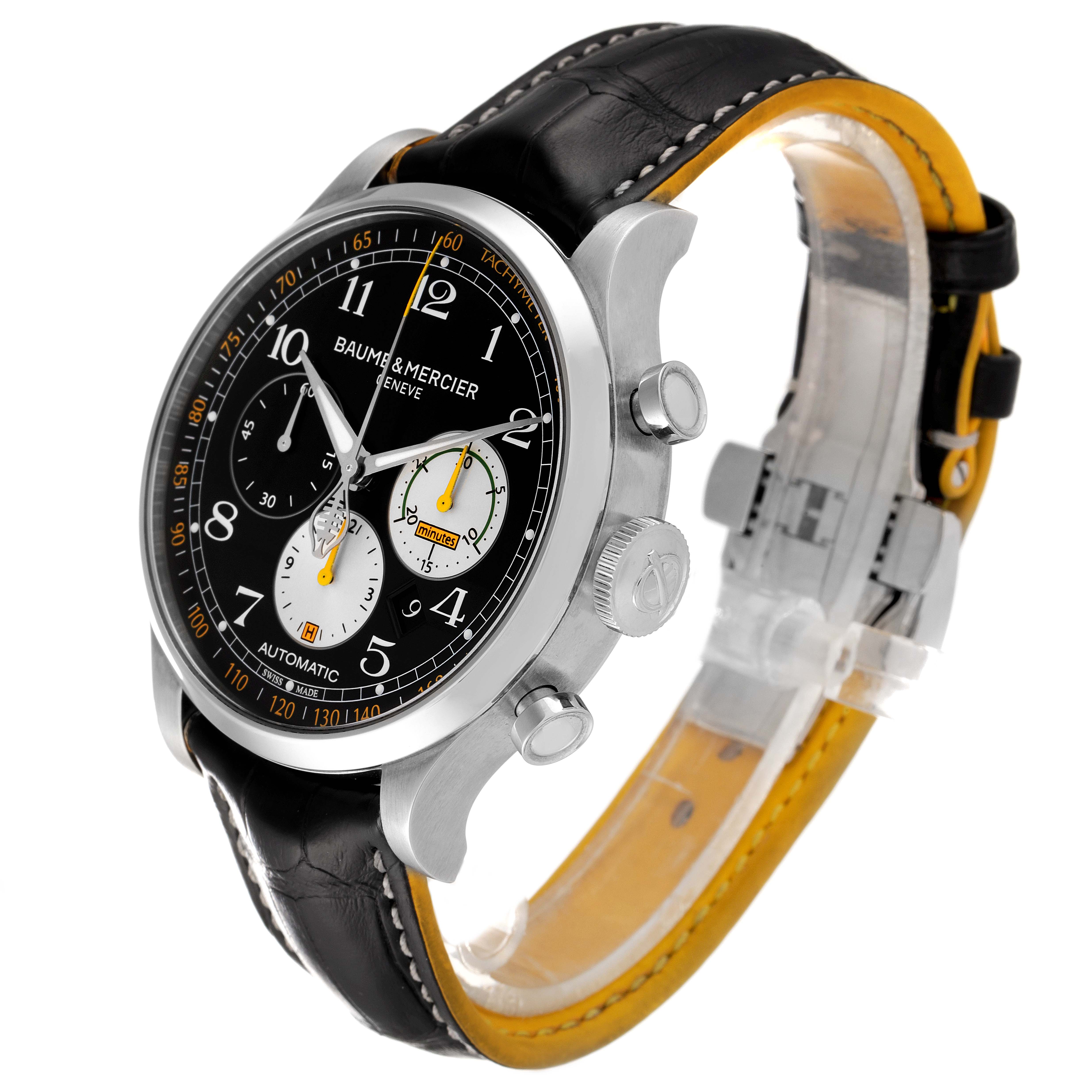 The Baume & Mercier Capeland 65798 Men's Stainless Steel Black Dial 65798 Men's Stainless Steel Black Dial watch is shown at a slight side angle, highlighting the dial, crown, pushers, and leather strap.