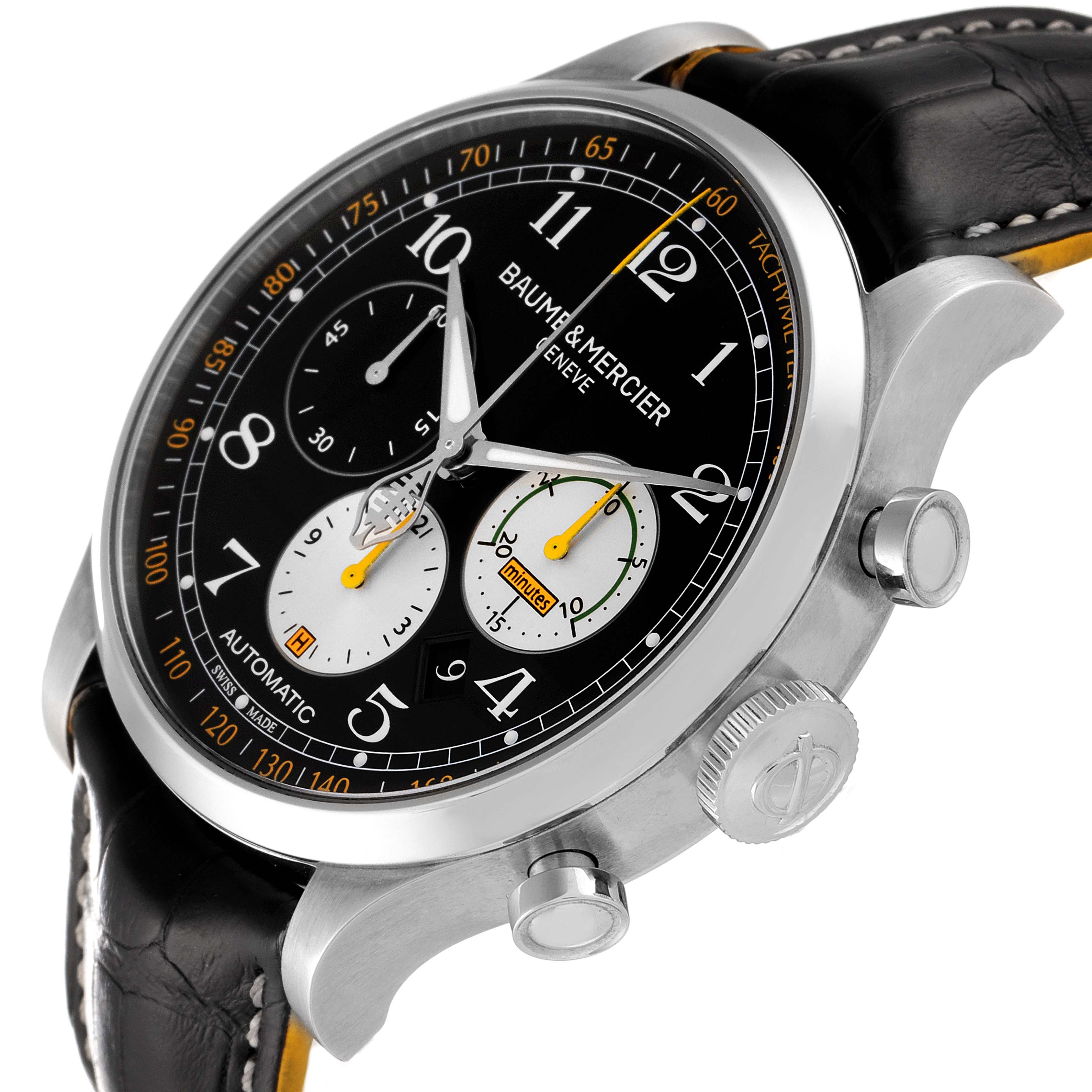 The image shows a close-up of the Baume & Mercier Capeland 65798 Men's Stainless Steel Black Dial 65798 Men's Stainless Steel Black Dial watch, highlighting its dial, case, crown, and pushers.