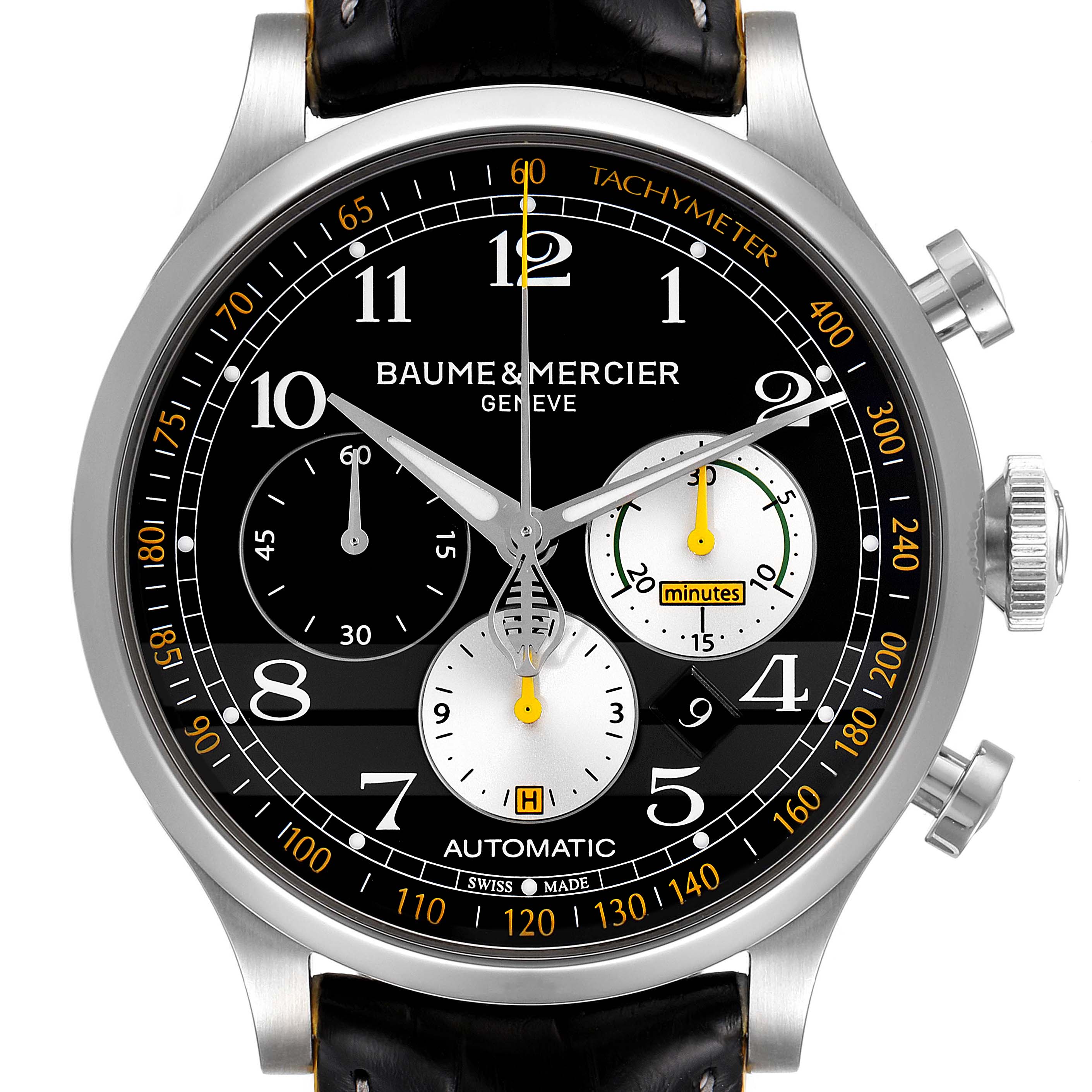 The image shows a front view of the Baume & Mercier Capeland 65798 Men's Stainless Steel Black Dial 65798 Men's Stainless Steel Black Dial watch, highlighting the dial, subdials, and tachymeter.