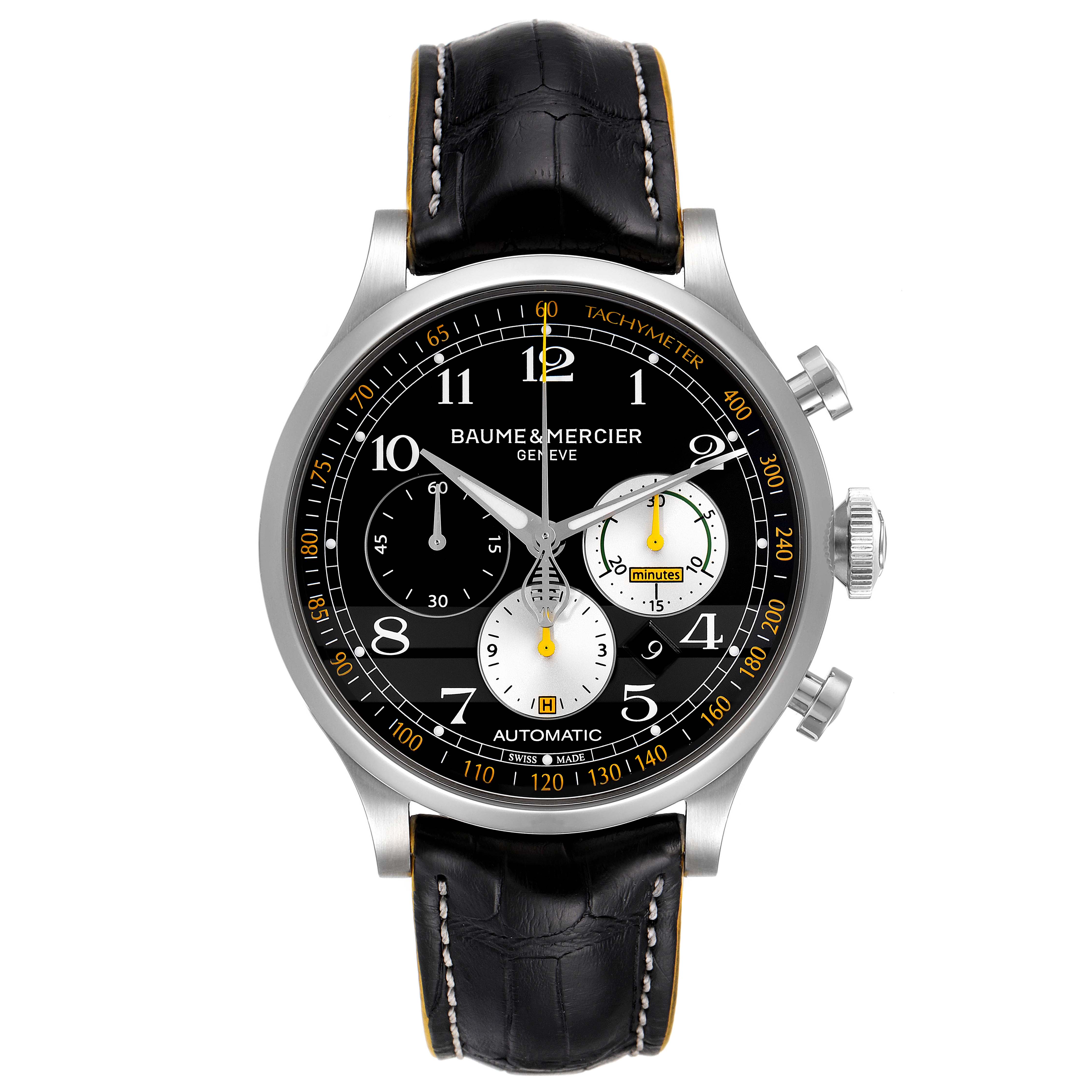 The image shows a frontal view of a Baume & Mercier Capeland 65798 Men's Stainless Steel Black Dial 65798 Men's Stainless Steel Black Dial watch, highlighting its dial, subdials, crown, and black leather strap.