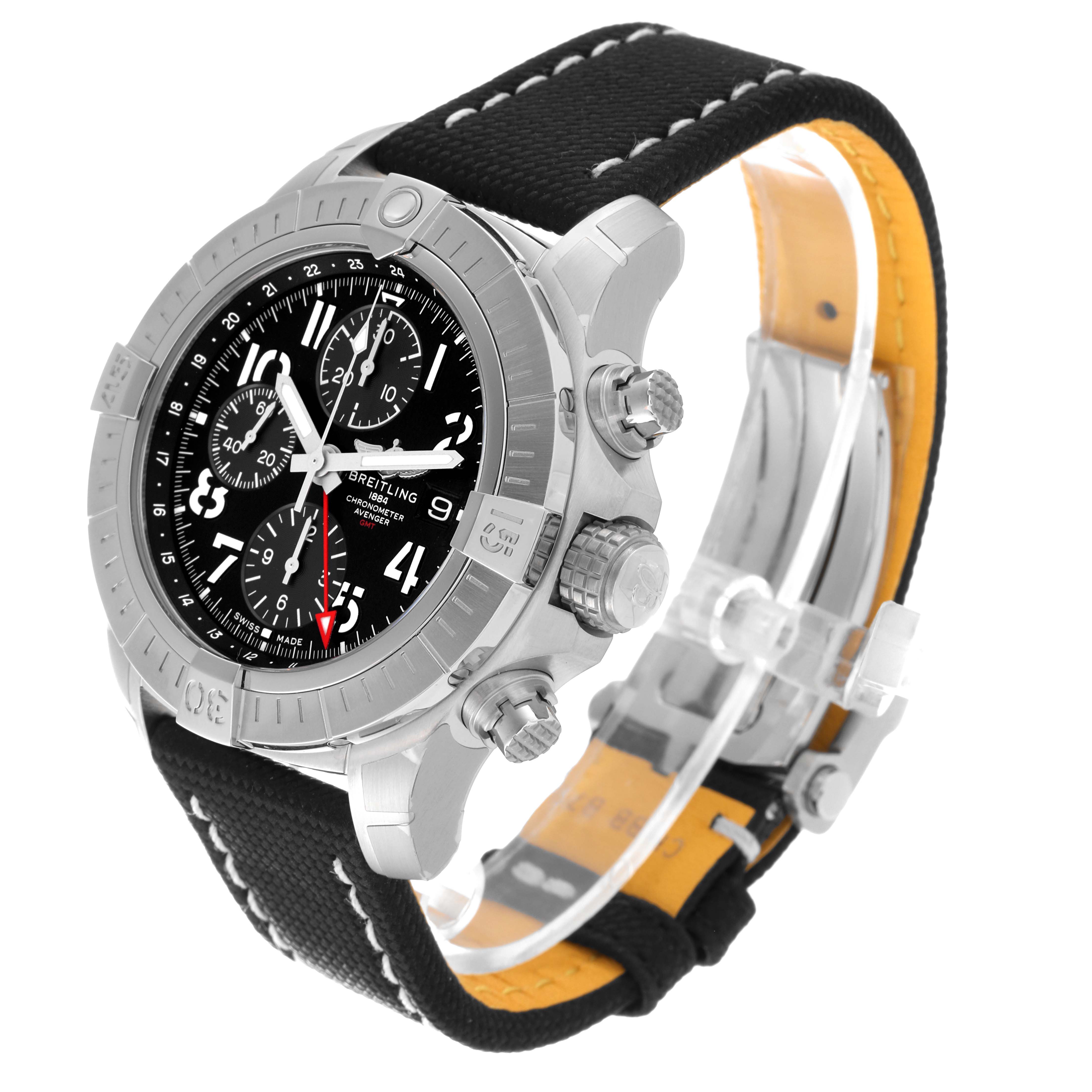 This image shows a side view of the Breitling Avenger A24315 Men's Stainless Steel Black Dial A24315 Men's Stainless Steel Black Dial watch, highlighting its black dial and sharp, robust design.