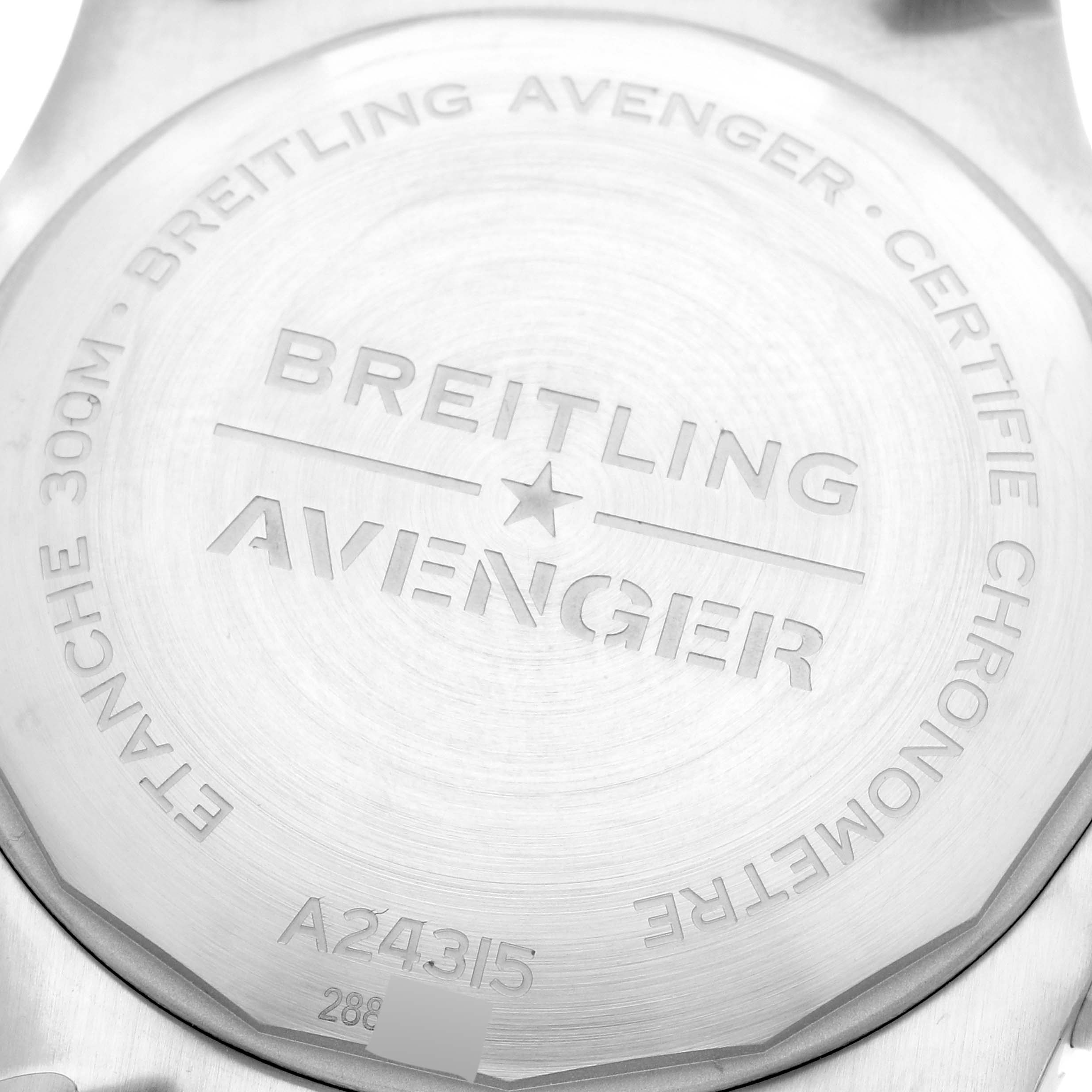 This image shows the back case of a Breitling Avenger A24315 Men's Stainless Steel Black Dial A24315 Men's Stainless Steel Black Dial watch at a close-up angle.