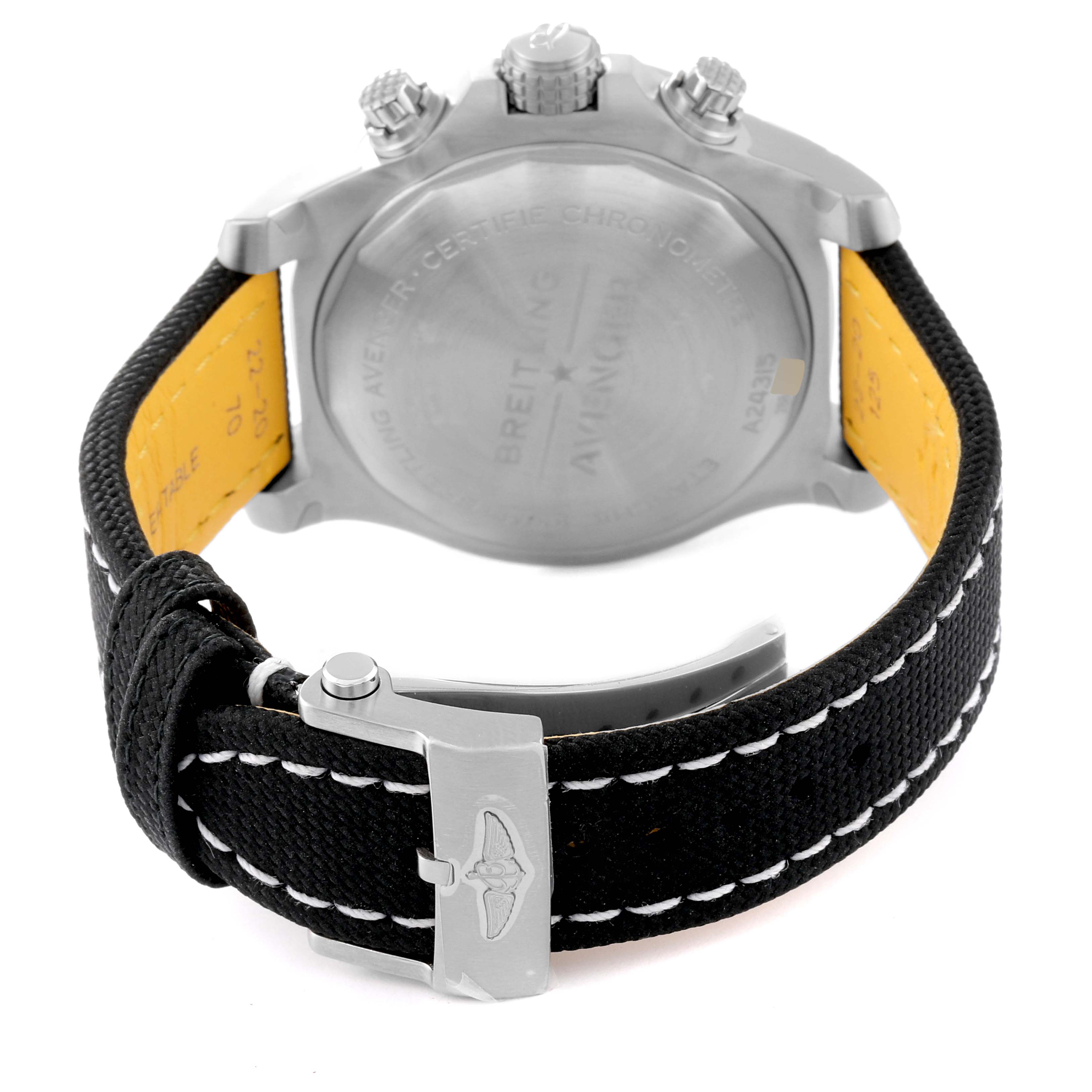 The image shows the back case and strap of a Breitling Avenger A24315 Men's Stainless Steel Black Dial A24315 Men's Stainless Steel Black Dial watch, highlighting the buckle and stitching details.