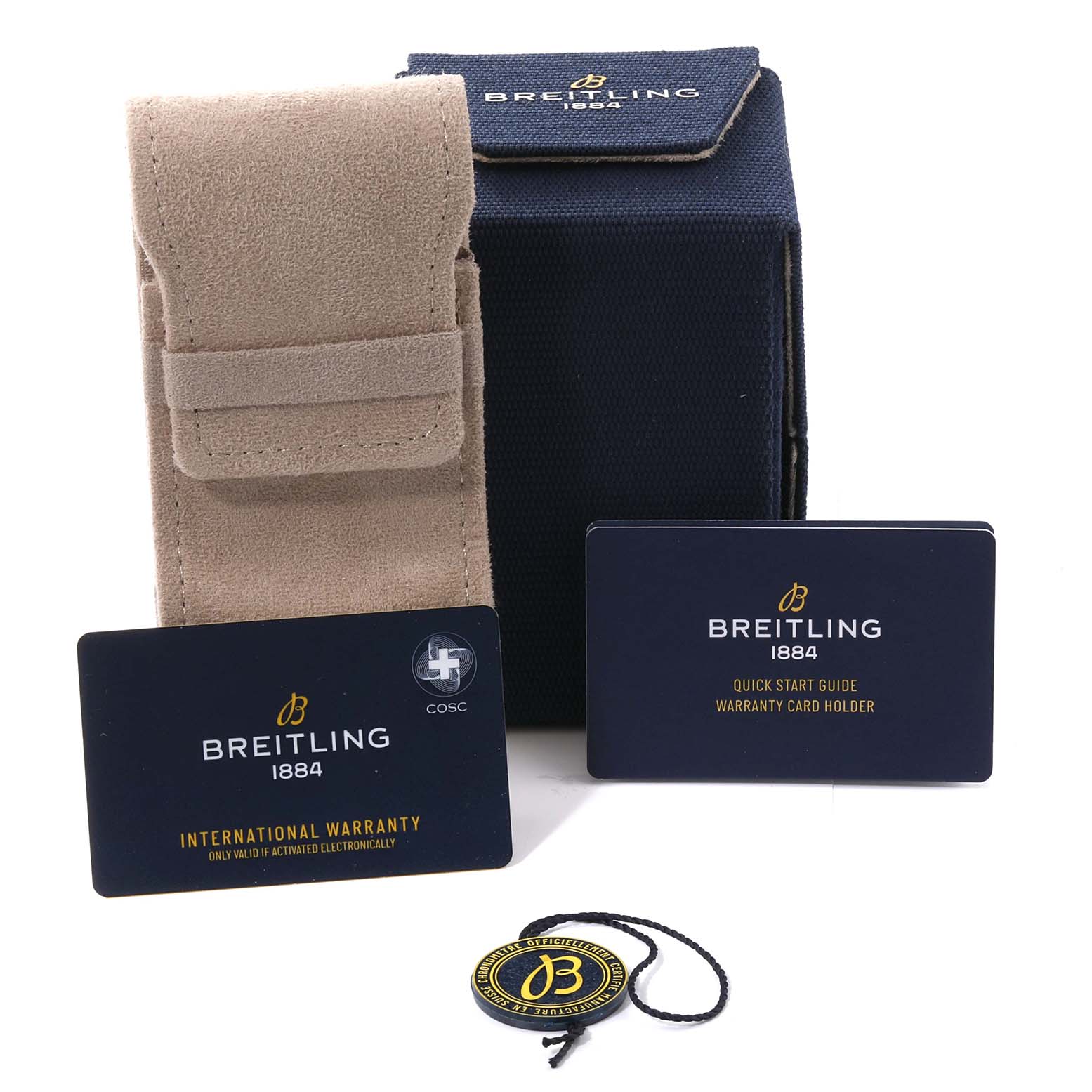 The image shows a Breitling Avenger A24315 Men's Stainless Steel Black Dial A24315 Men's Stainless Steel Black Dial watch's accessories, including the warranty cards, pouch, and box, from a front angle.