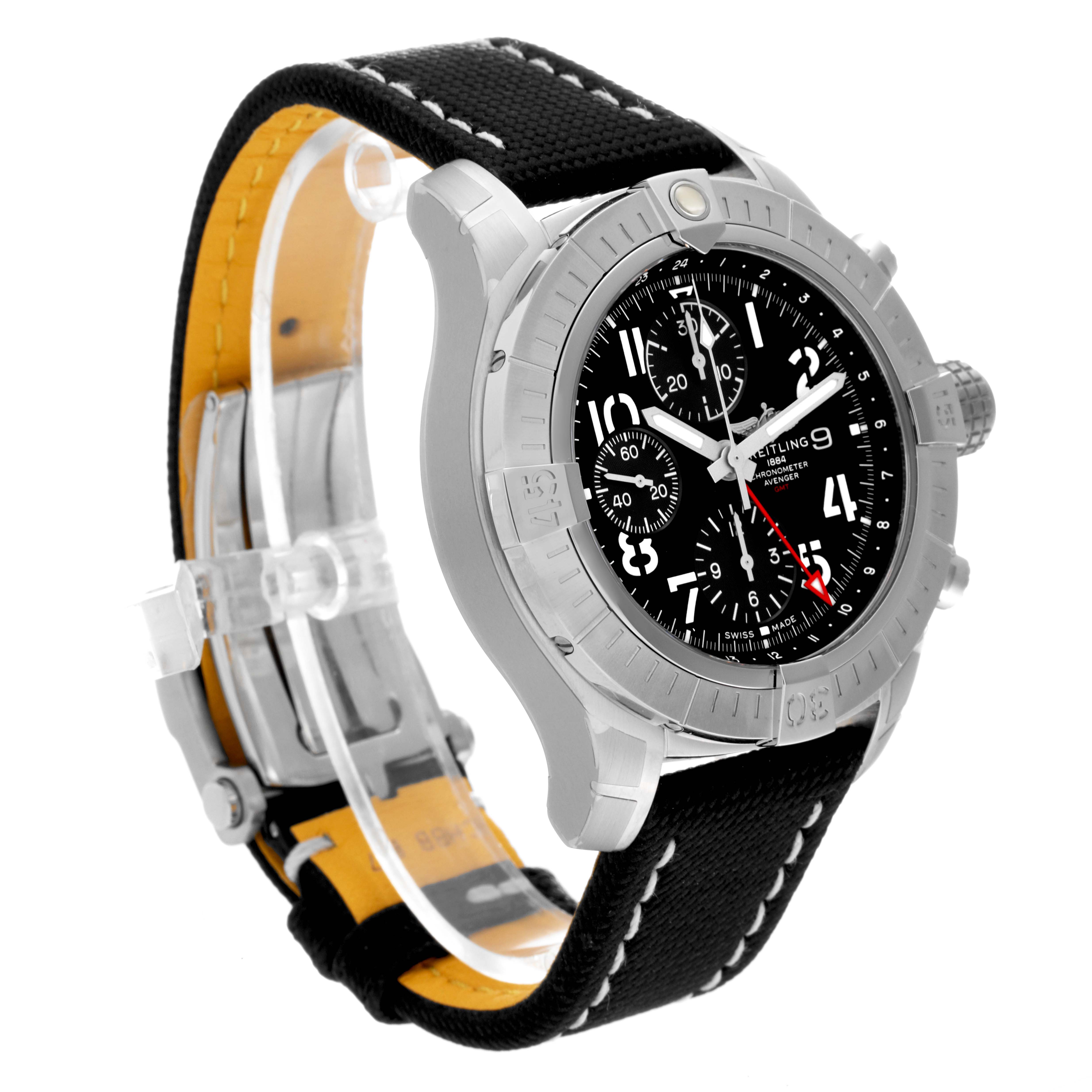 The Breitling Avenger A24315 Men's Stainless Steel Black Dial A24315 Men's Stainless Steel Black Dial watch is shown at a three-quarter angle showcasing the face, bezel, and partly the strap.