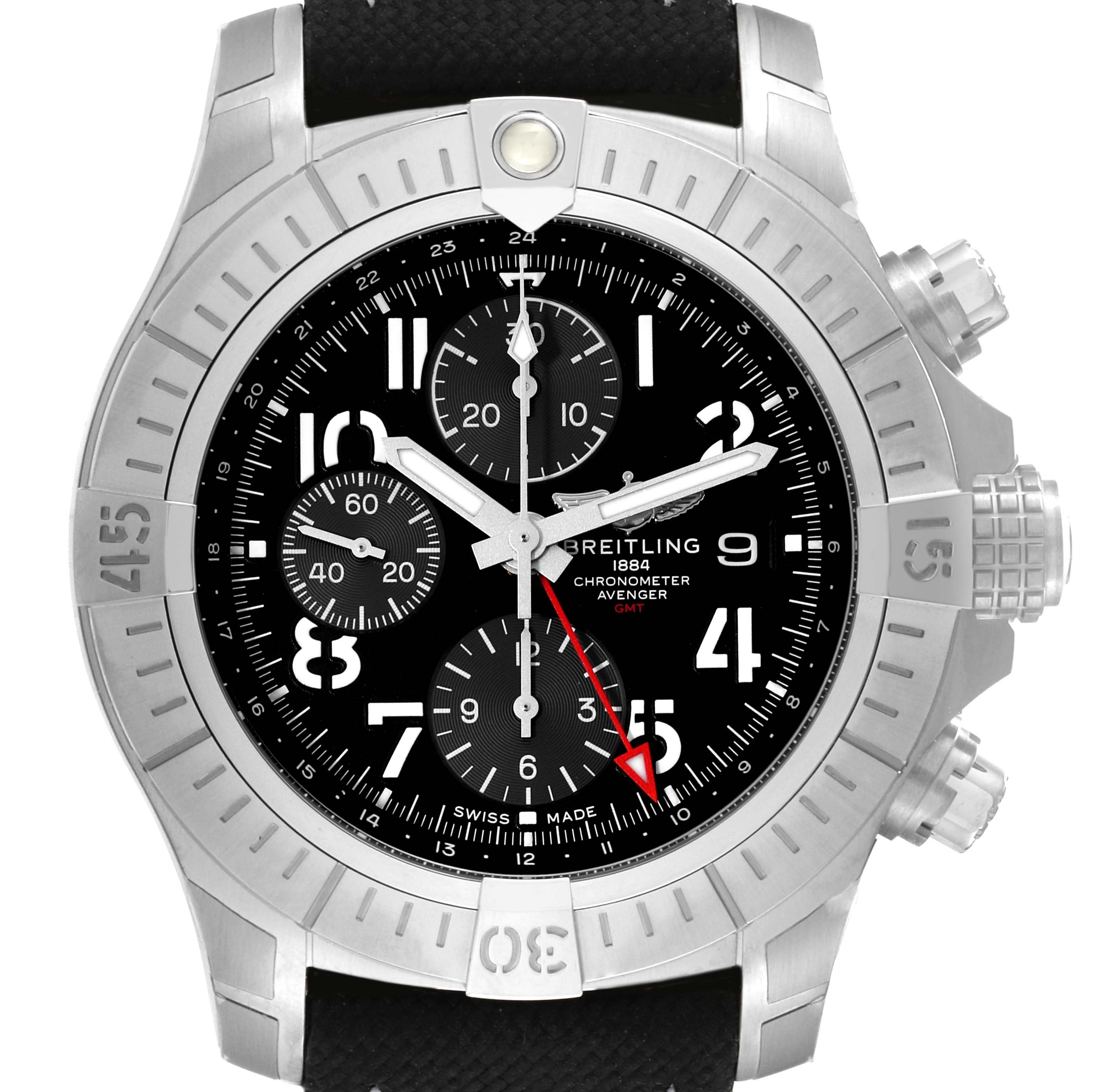 This image shows a front view of the Breitling Avenger A24315 Men's Stainless Steel Black Dial A24315 Men's Stainless Steel Black Dial chronograph watch featuring a black dial, white numerals, and a black strap.