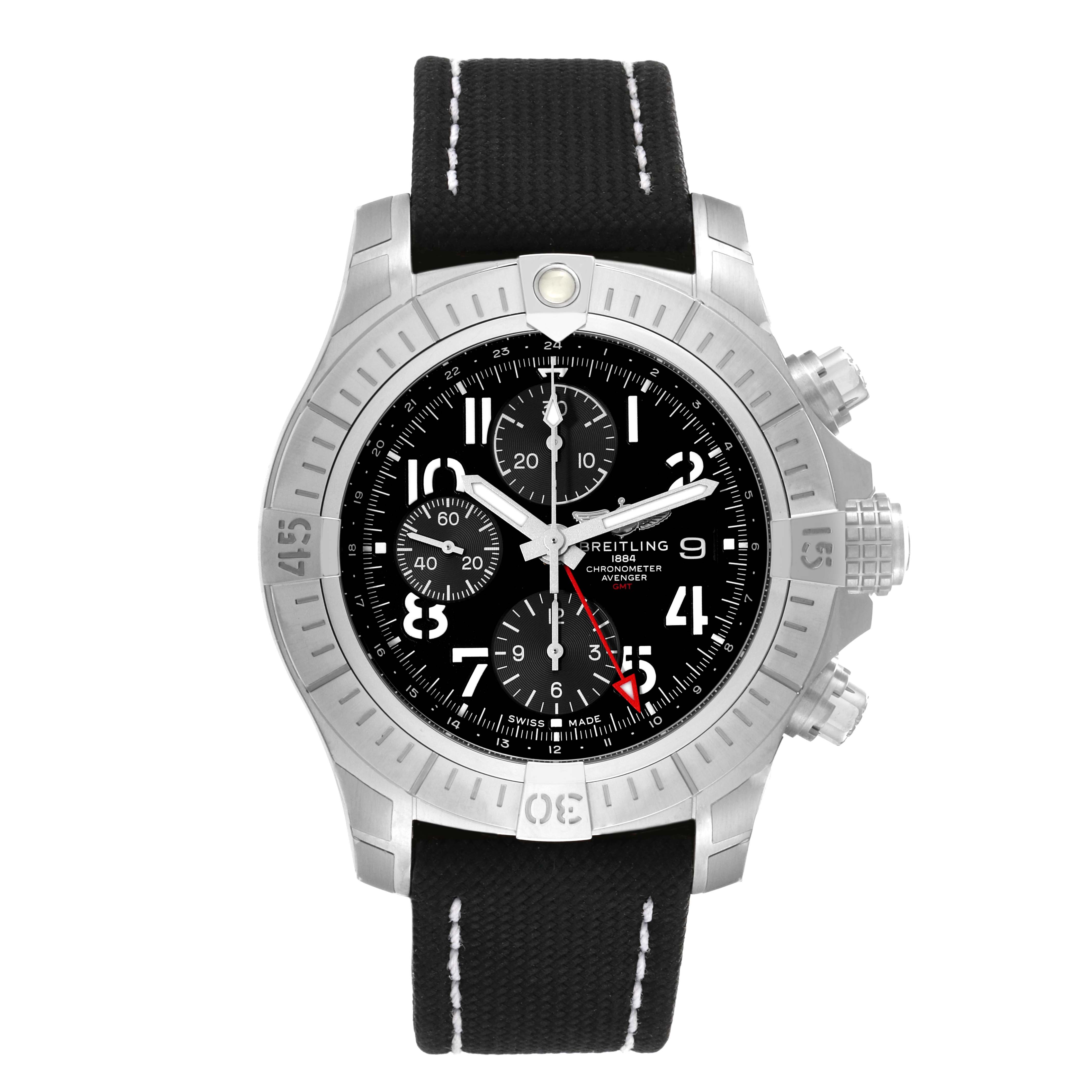 The image shows a front view of the Breitling Avenger A24315 Men's Stainless Steel Black Dial A24315 Men's Stainless Steel Black Dial watch, highlighting the dial, bezel, sub-dials, and strap.