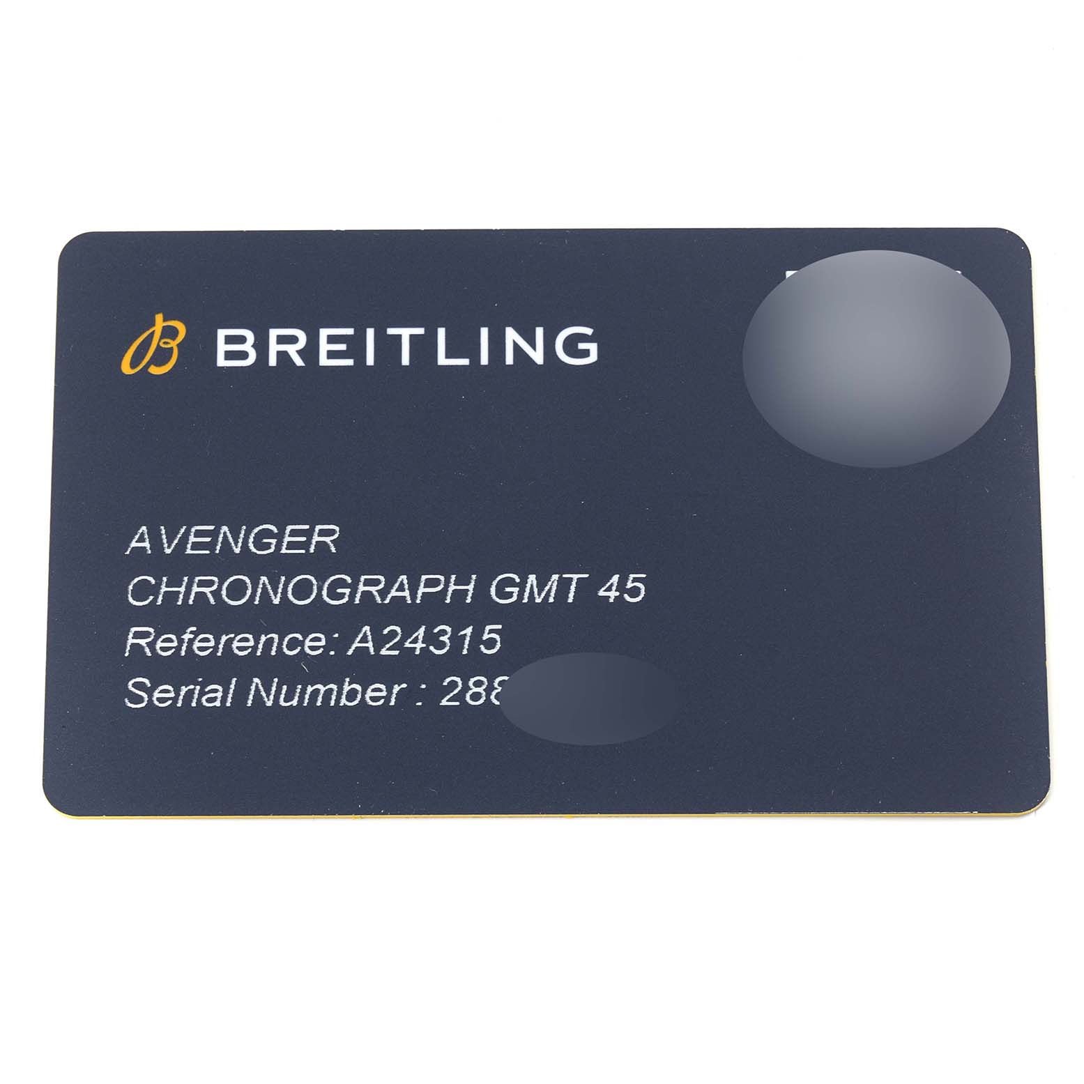 This image shows a registration card for the Breitling Avenger A24315 Men's Stainless Steel Black Dial A24315 Men's Stainless Steel Black Dial Chronograph GMT 45 model.