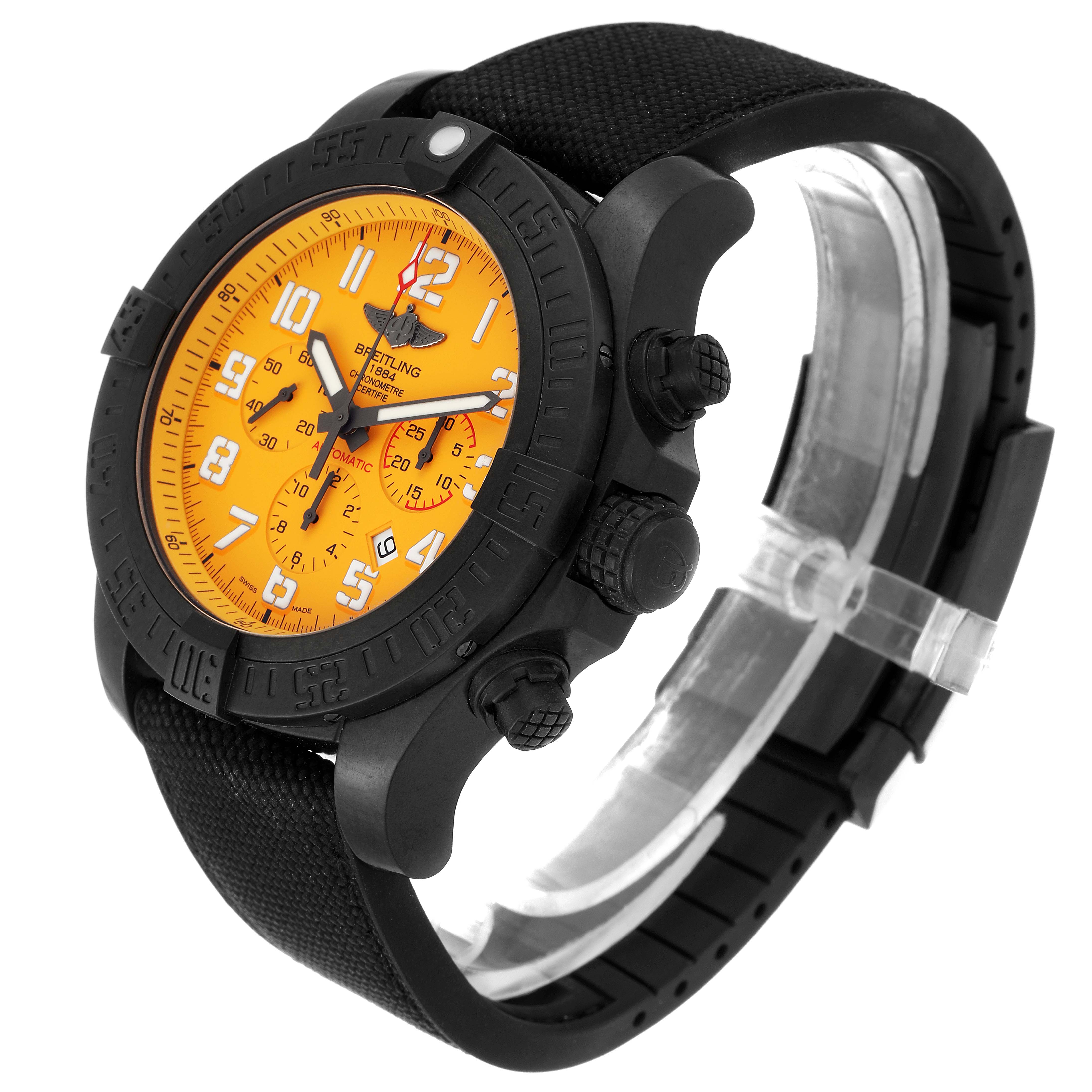 This image shows the Breitling Avenger XB0170E4/1533 Men's Titanium Yellow Dial XB0170E4/1533 Men's Titanium Yellow Dial watch at a three-quarter angle, highlighting the orange dial, black bezel, and strap.