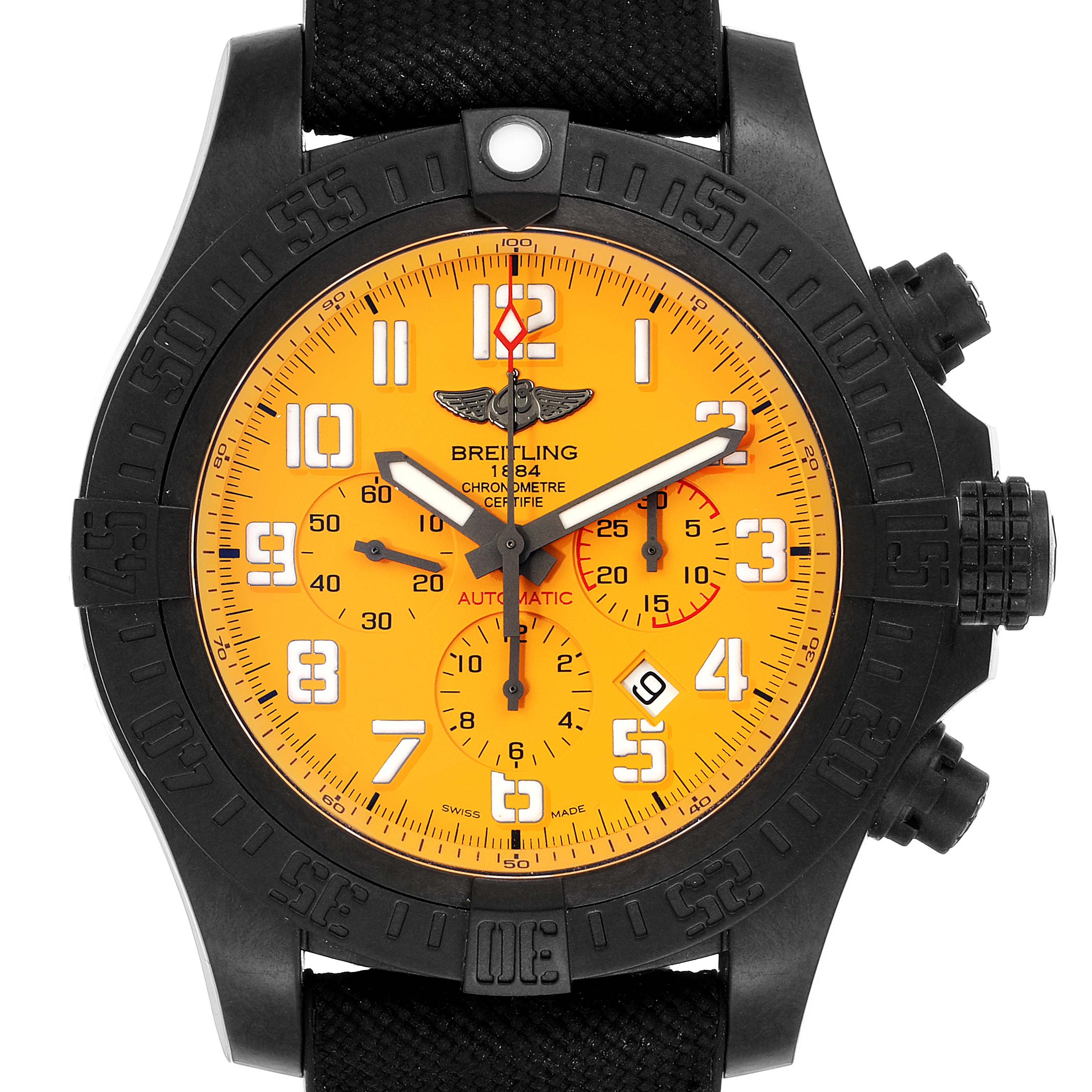 The image shows a frontal view of the Breitling Avenger XB0170E4/1533 Men's Titanium Yellow Dial XB0170E4/1533 Men's Titanium Yellow Dial watch featuring an orange dial and black bezel.