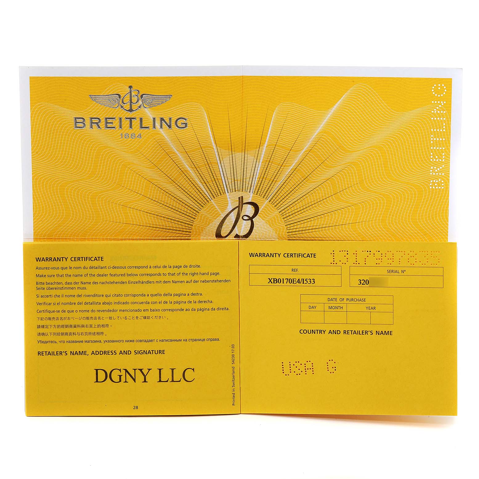 The image shows a warranty certificate for a Breitling Avenger XB0170E4/1533 Men's Titanium Yellow Dial XB0170E4/1533 Men's Titanium Yellow Dial watch.