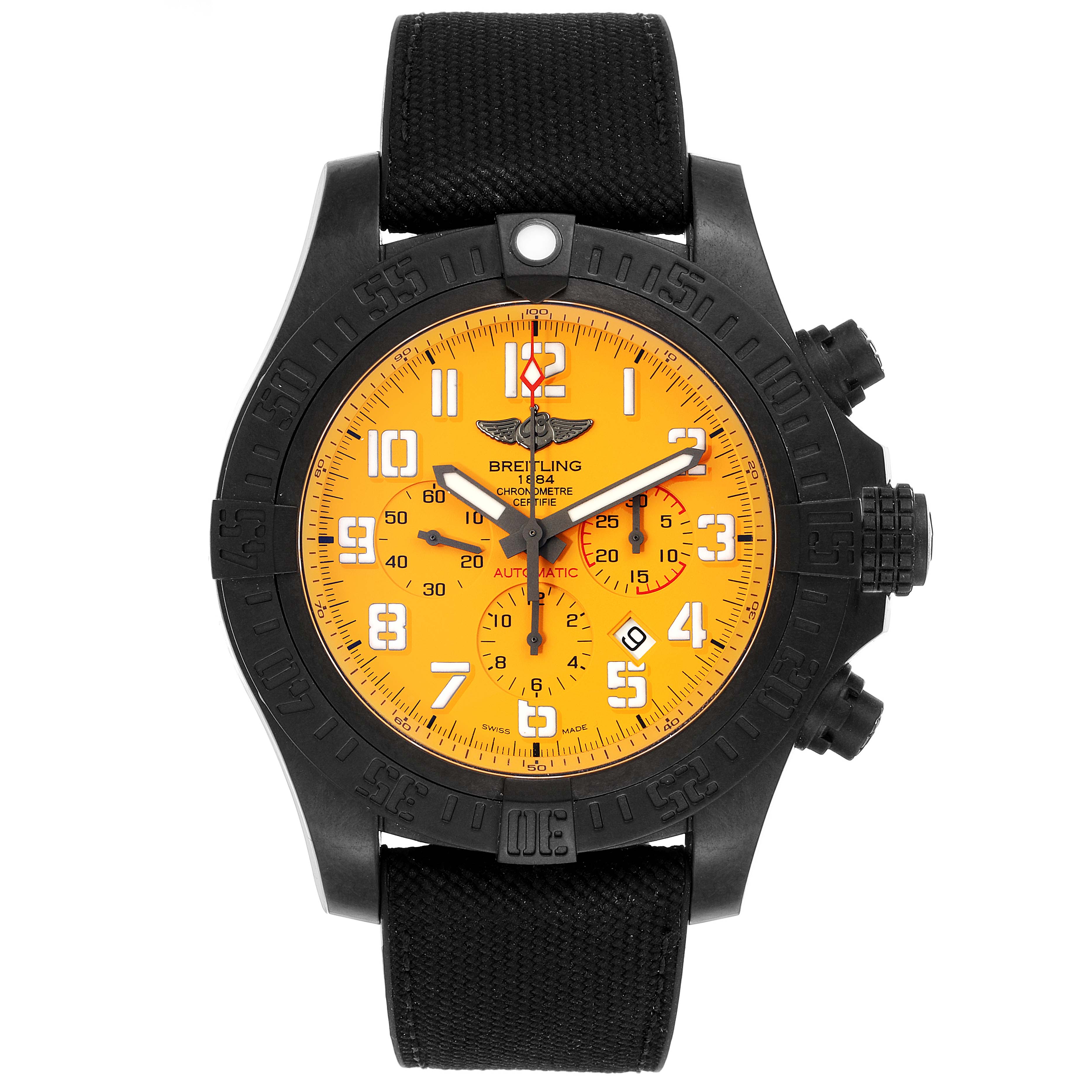 The Breitling Avenger XB0170E4/1533 Men's Titanium Yellow Dial XB0170E4/1533 Men's Titanium Yellow Dial watch is shown from a front angle, highlighting its yellow dial and black strap.