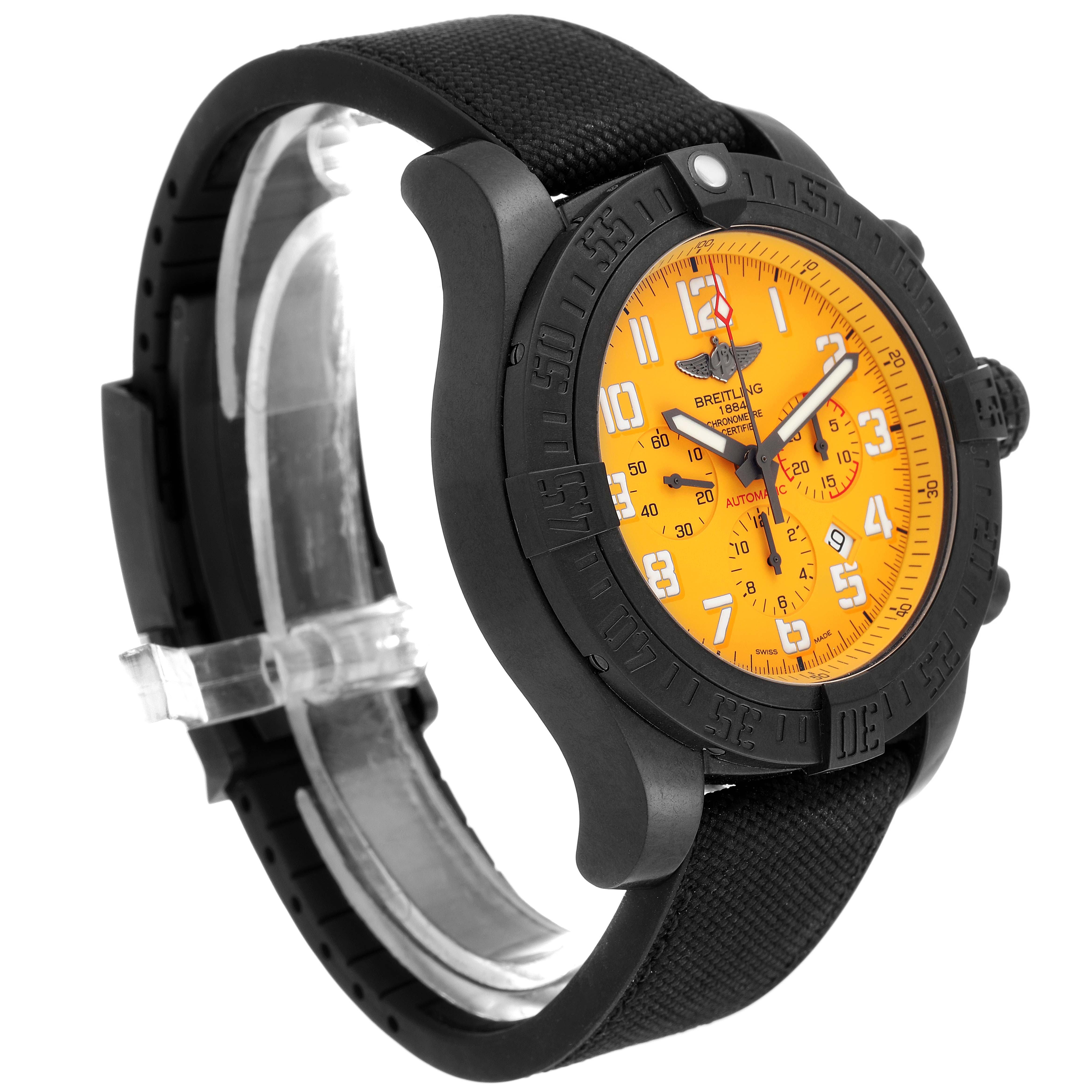The image shows a side and front angle of the Breitling Avenger XB0170E4/1533 Men's Titanium Yellow Dial XB0170E4/1533 Men's Titanium Yellow Dial watch with a black strap and orange dial.
