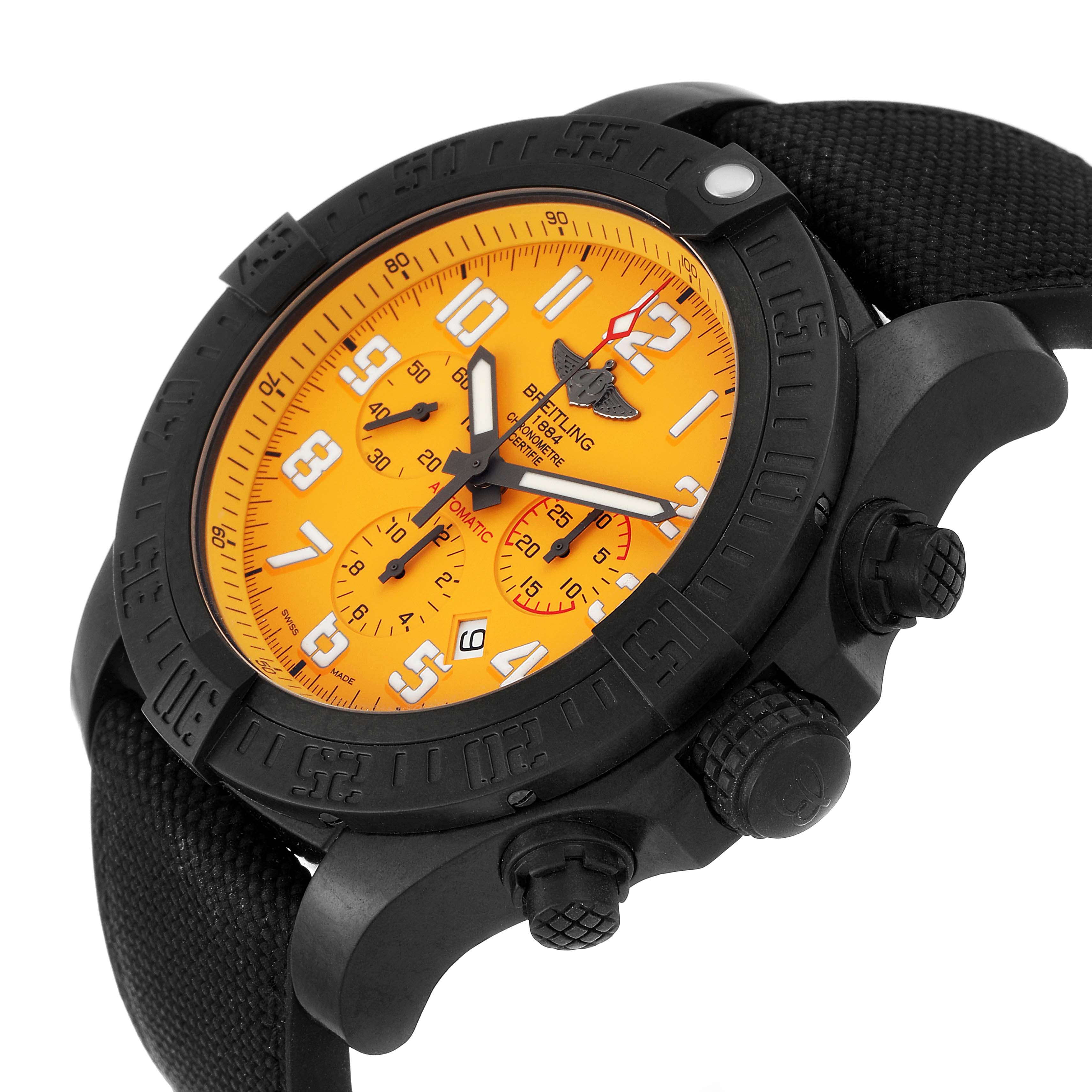 The image shows a close-up, angled view of a Breitling Avenger XB0170E4/1533 Men's Titanium Yellow Dial XB0170E4/1533 Men's Titanium Yellow Dial watch with a yellow dial and black strap.