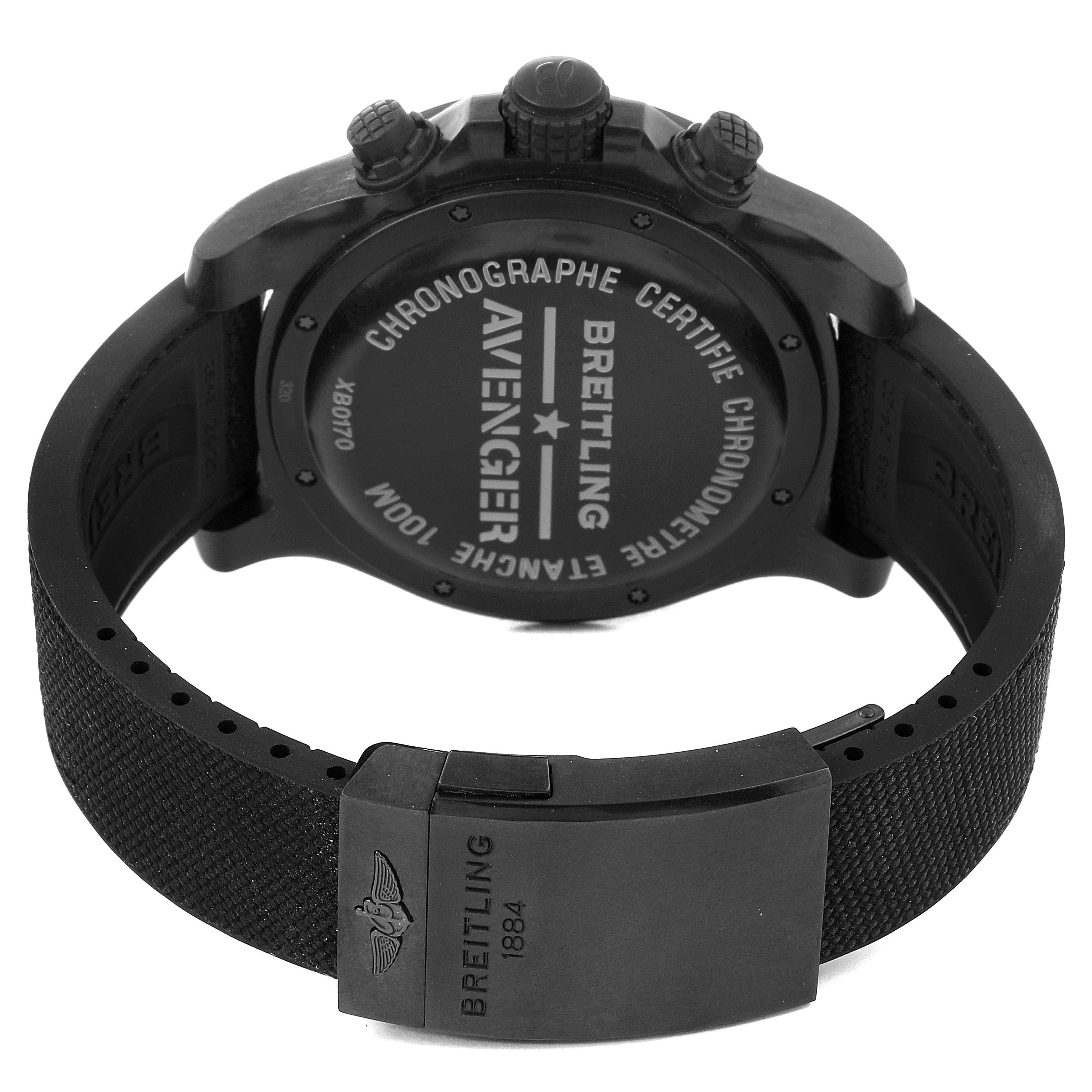 The image shows the back case and strap of a Breitling Avenger XB0170E4/1533 Men's Titanium Yellow Dial XB0170E4/1533 Men's Titanium Yellow Dial watch with branding and model details visible.