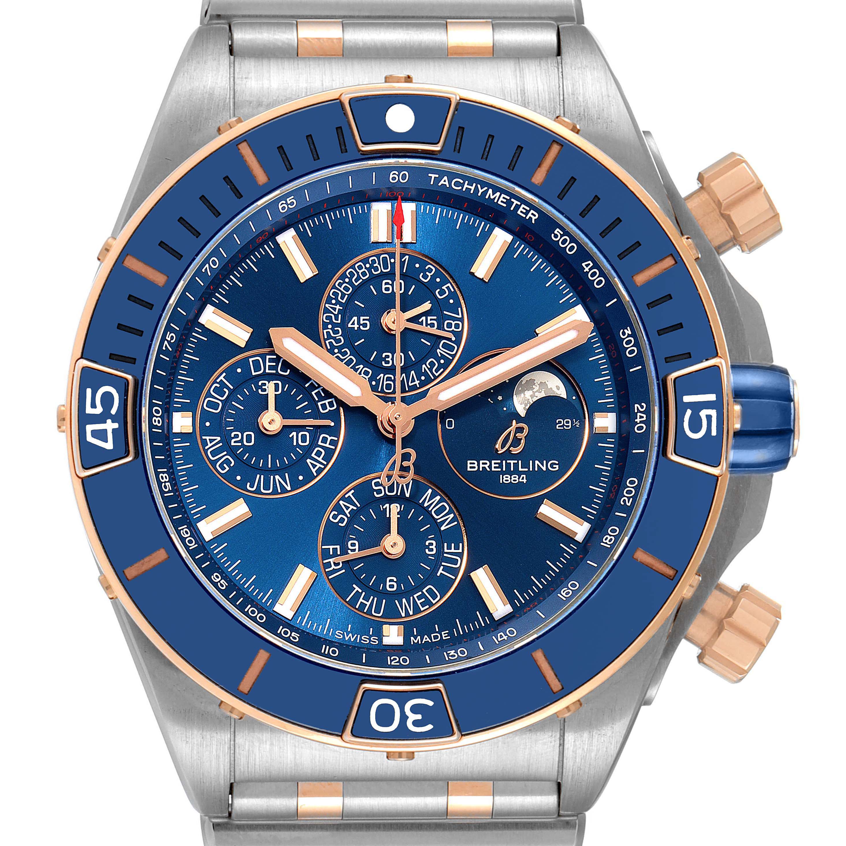 A front view of a Breitling Chronomat U19320161C1U1 Men's Steel and Gold (two tone) Blue Dial U19320161C1U1 Men's Steel and Gold (two tone) Blue Dial watch showing its face, bezel, and part of the bracelet.