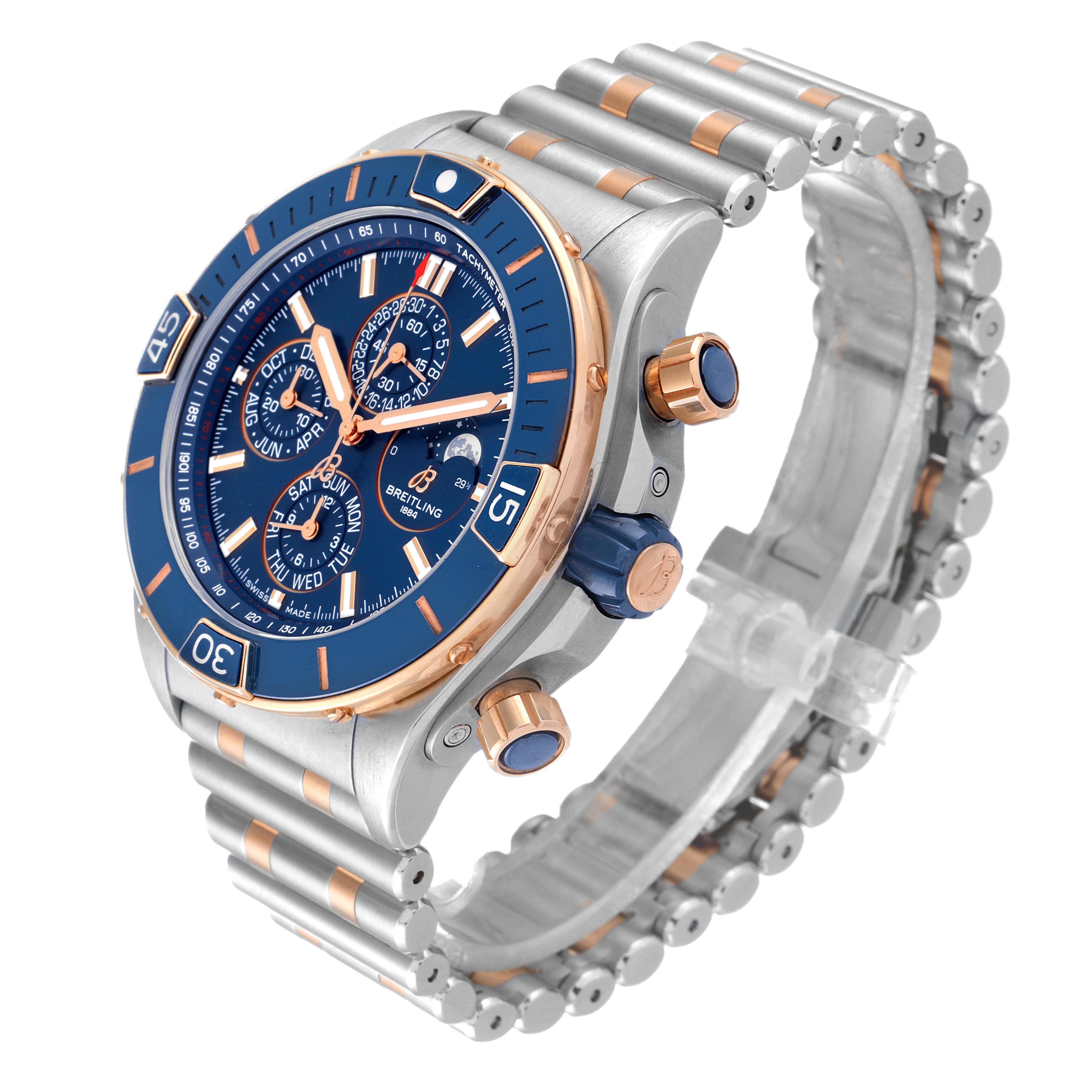 The image shows a Breitling Chronomat U19320161C1U1 Men's Steel and Gold (two tone) Blue Dial U19320161C1U1 Men's Steel and Gold (two tone) Blue Dial watch from a three-quarter angle, highlighting its bezel, dial, sub-dials, crown, pushers, and bracelet.