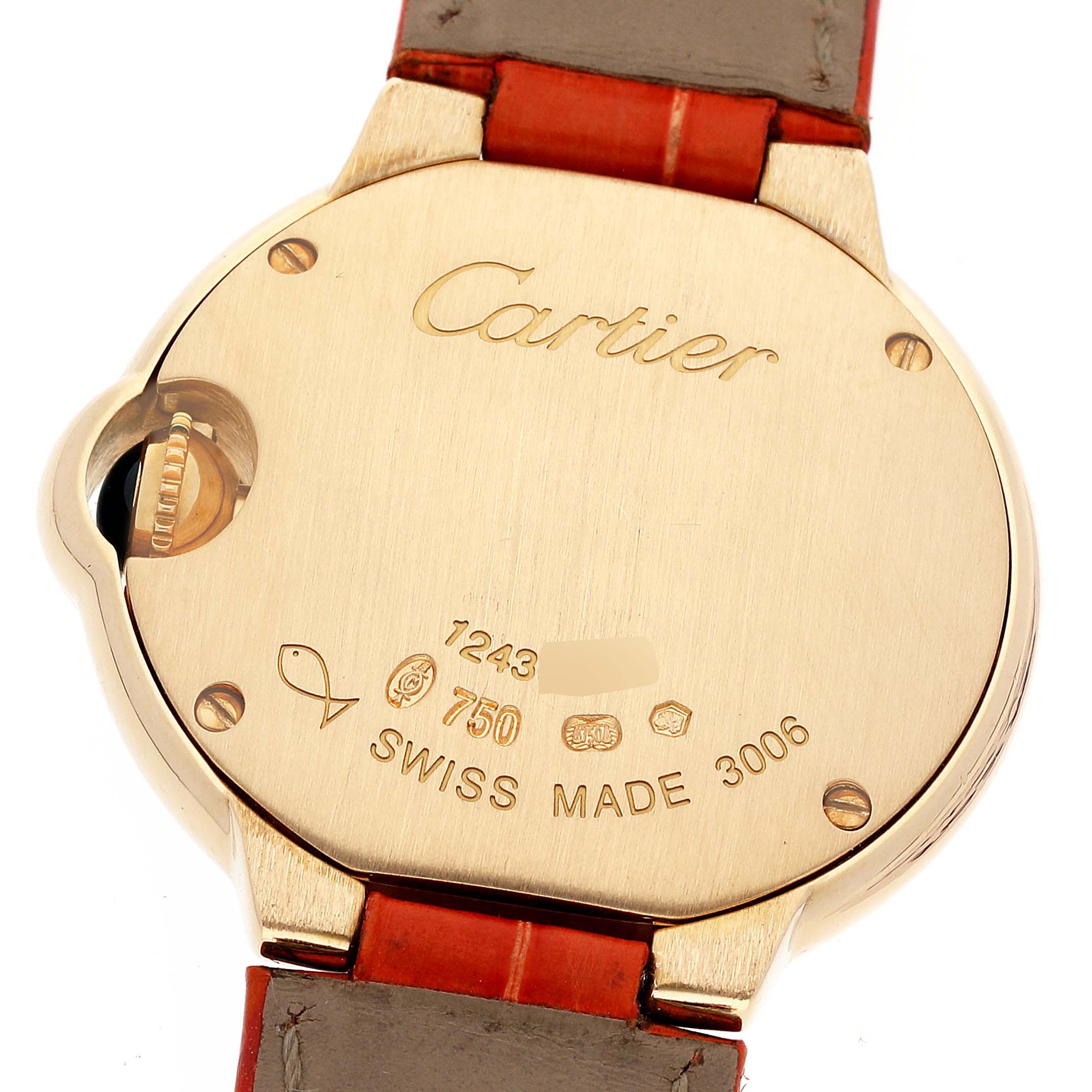 The image shows the back case of the Cartier Ballon Bleu WE900151 Women's Yellow Gold Silver Dial WE900151 Women's Yellow Gold Silver Dial watch, highlighting its engravings and leather straps.