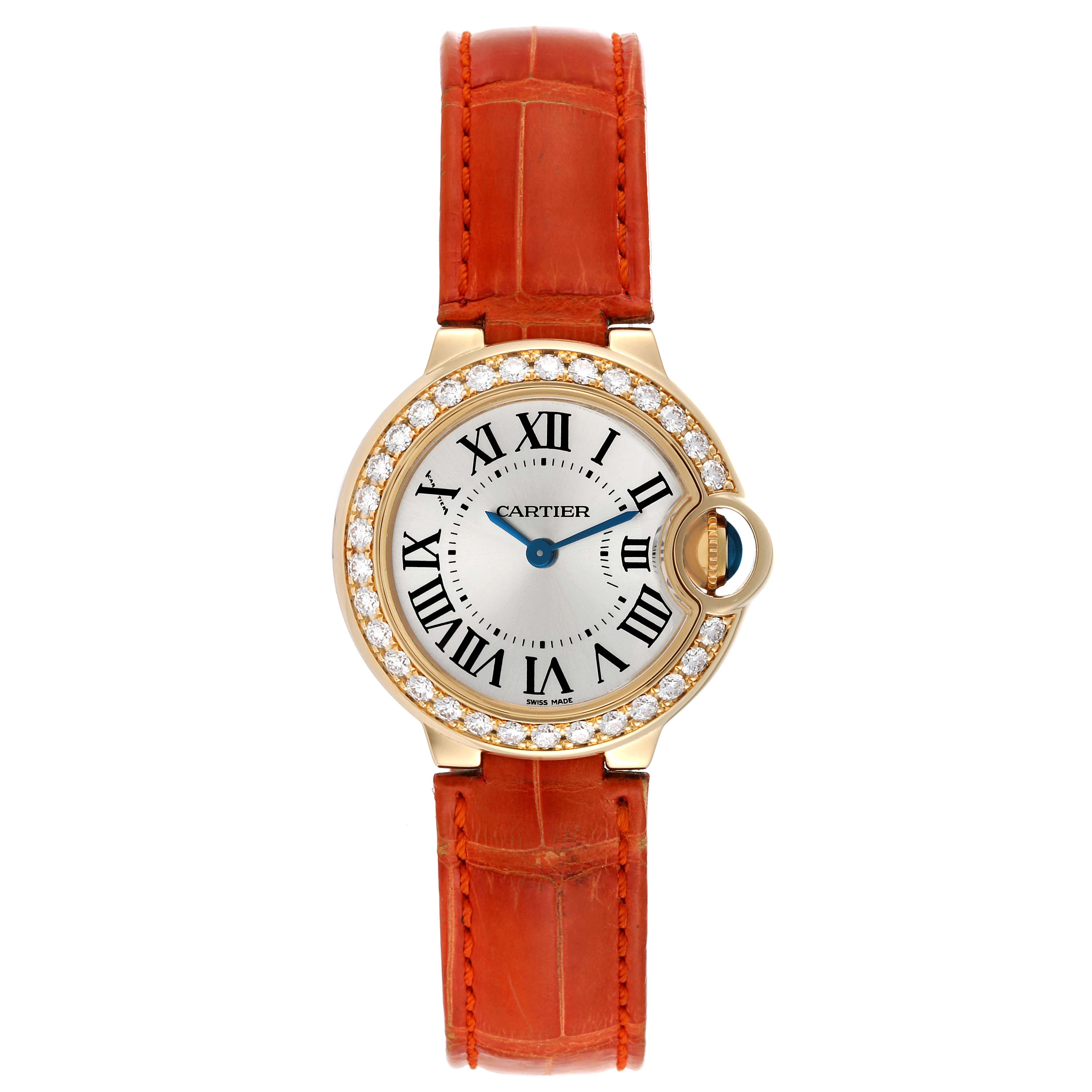 This image shows a Cartier Ballon Bleu WE900151 Women's Yellow Gold Silver Dial WE900151 Women's Yellow Gold Silver Dial watch, featuring a round face, diamond bezel, and orange leather strap, viewed from the front.