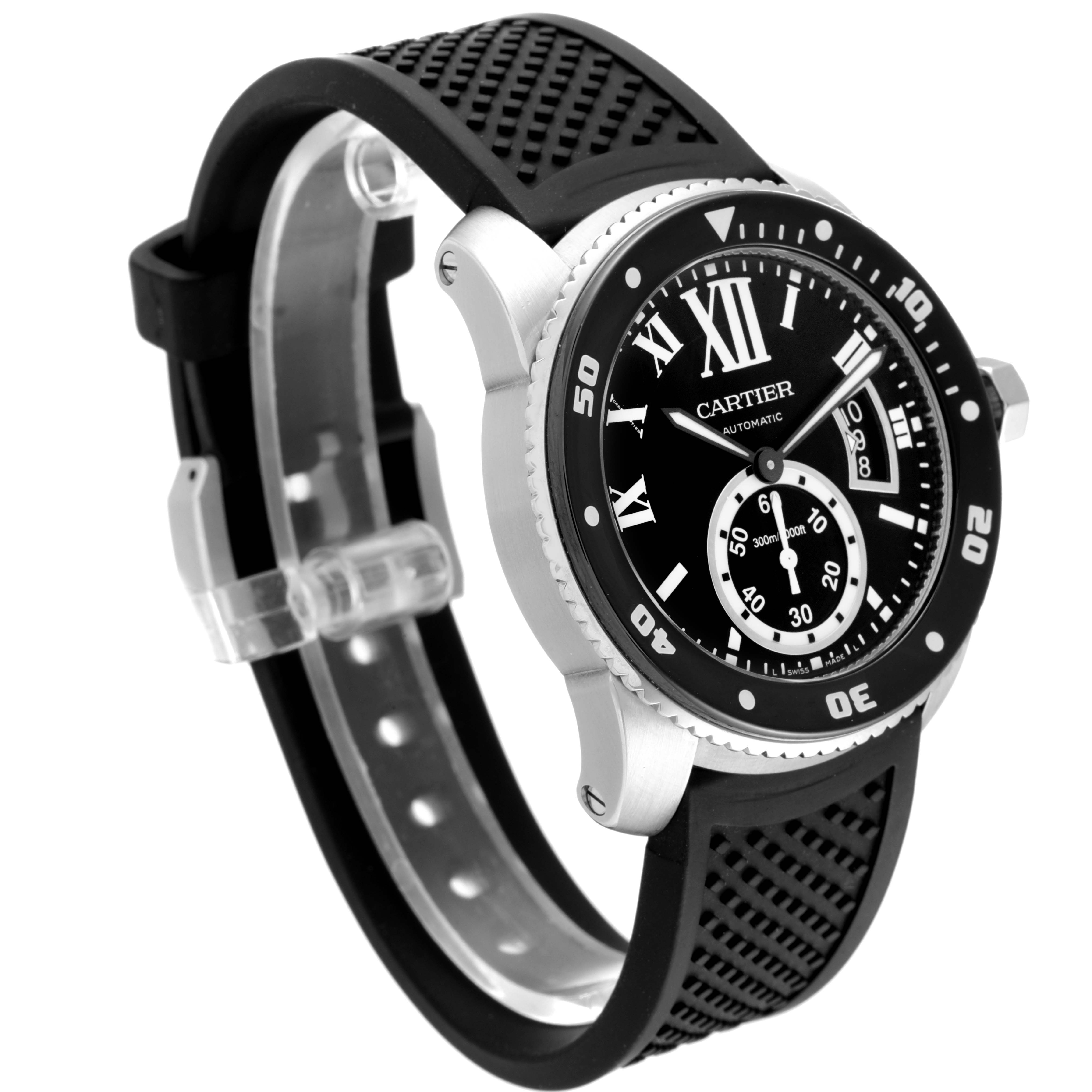 The Calibre de Cartier watch by Cartier is shown from a front-left angle displaying its black bezel, dial, and strap.
