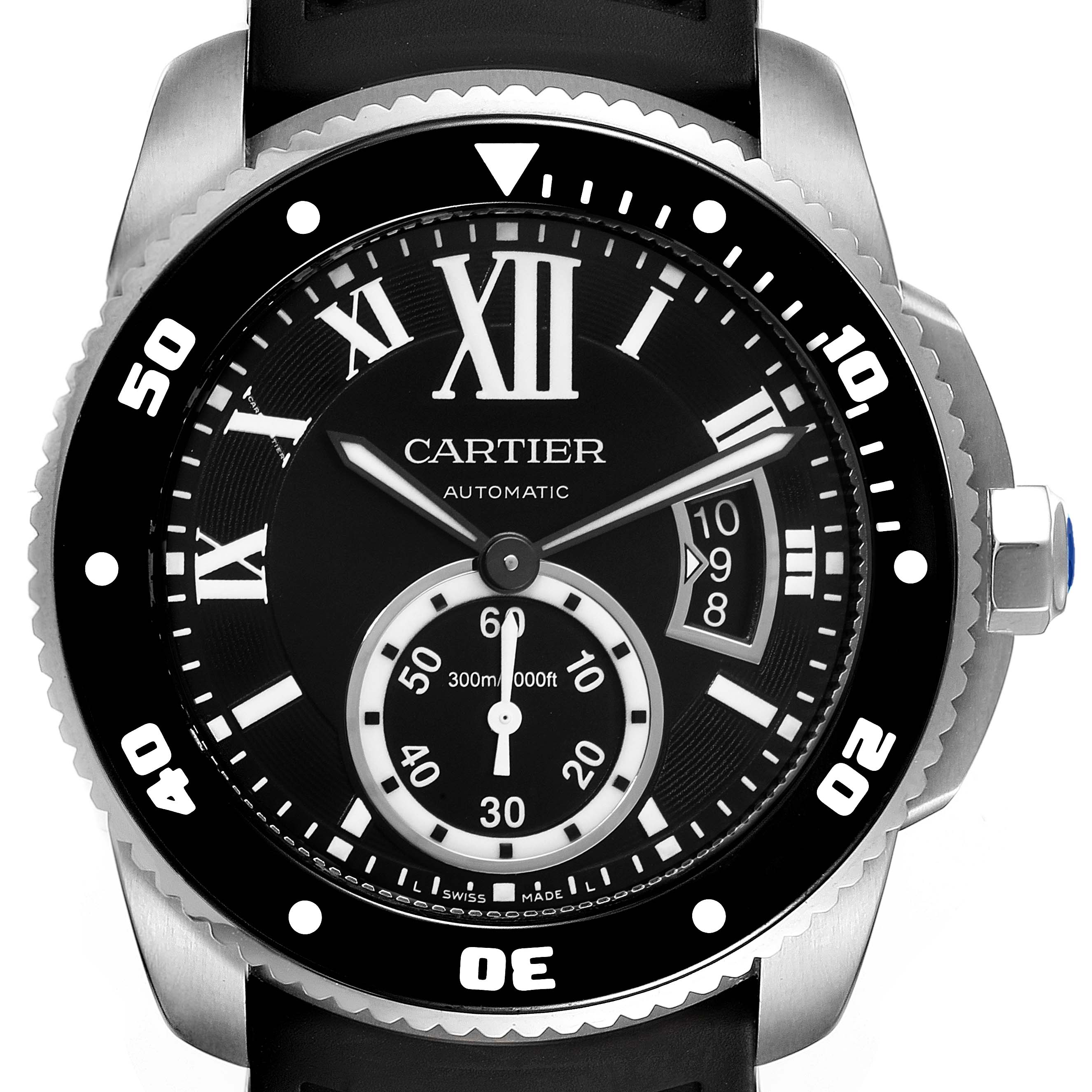 The image shows a front view of the Calibre de Cartier model by Cartier, displaying the dial, hands, date window, and bezel.