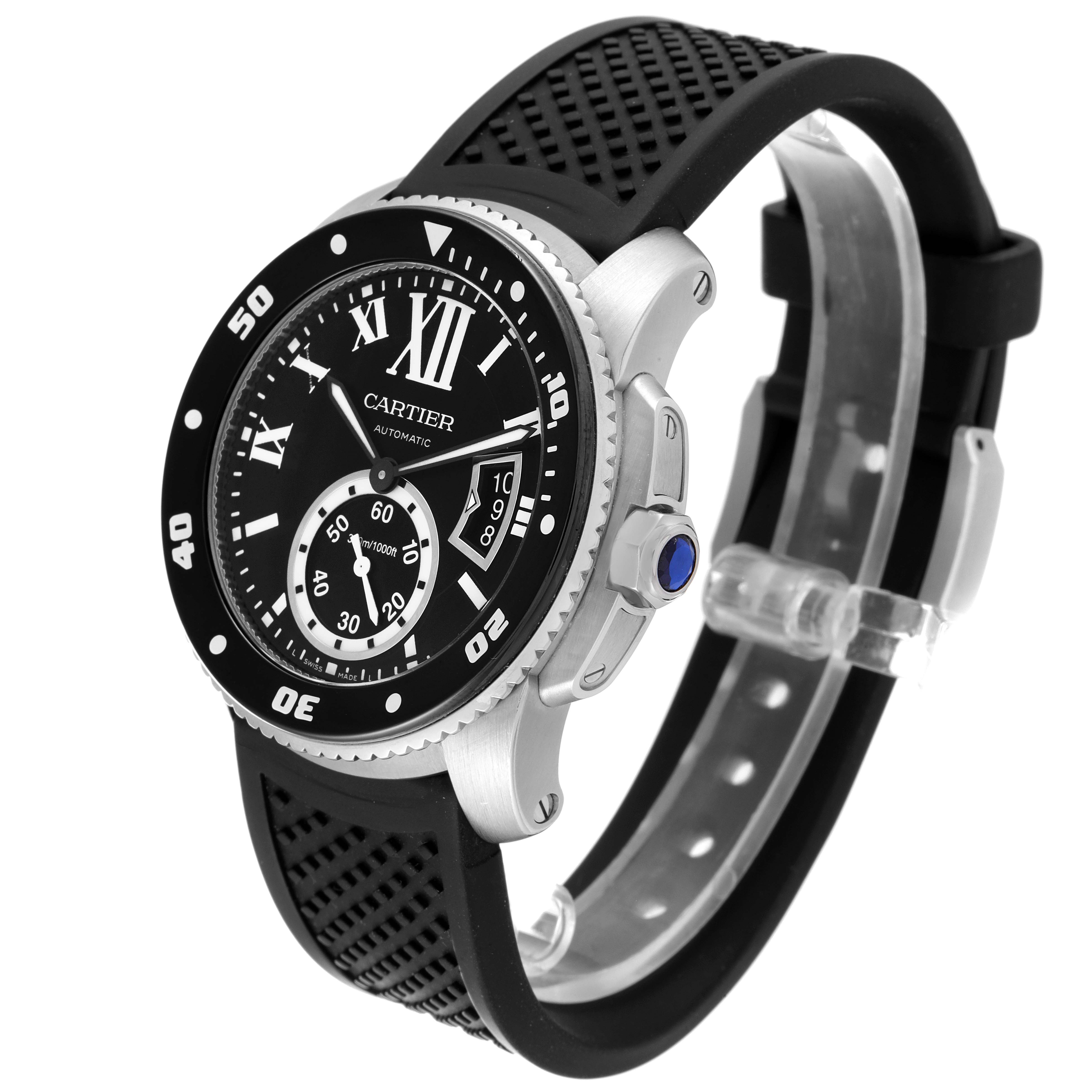 The image shows a side and angled view of the Calibre de Cartier model by Cartier, highlighting the dial, bezel, and strap.