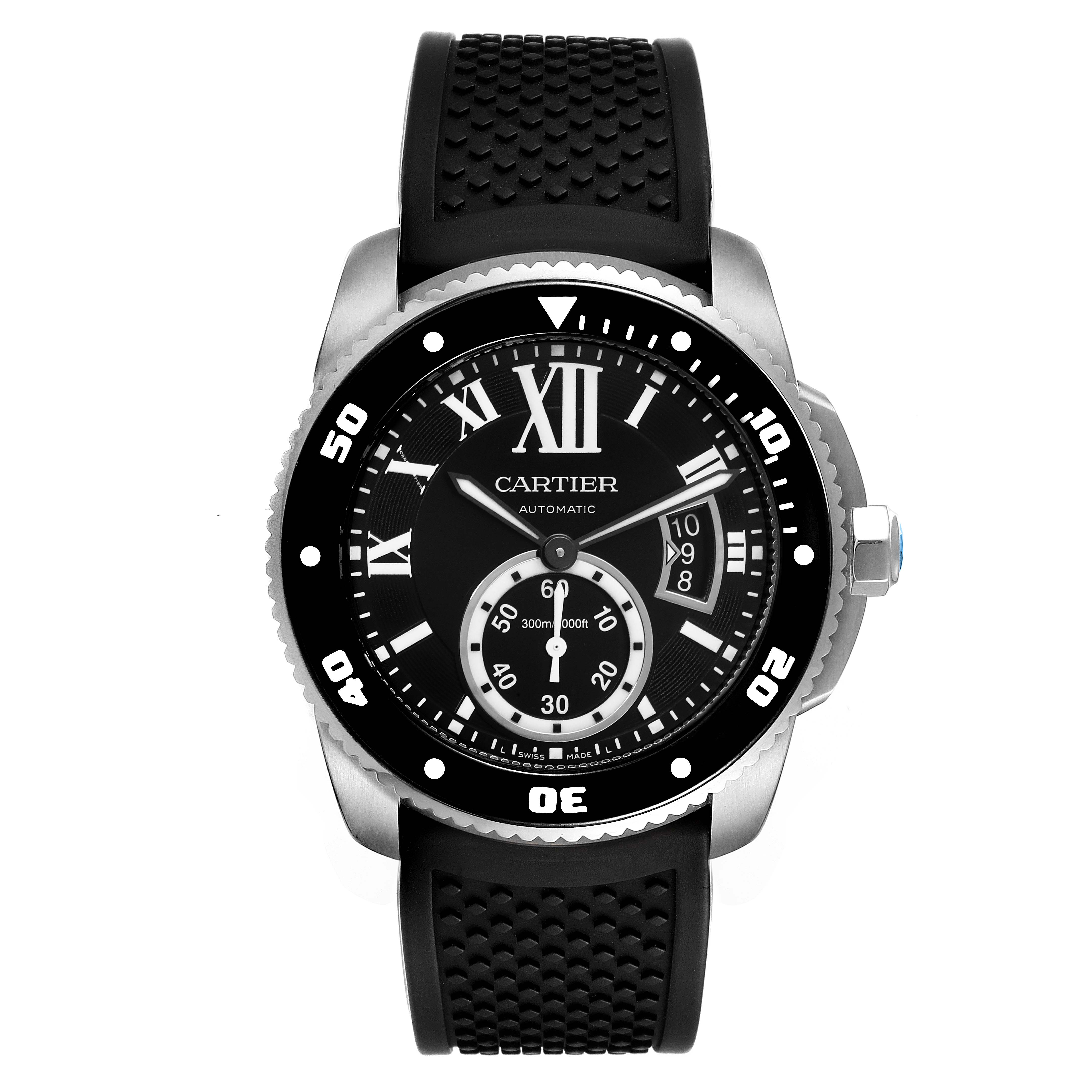 The image shows a front view of the Calibre de Cartier model by Cartier, displaying the face, bezel, and part of the strap.