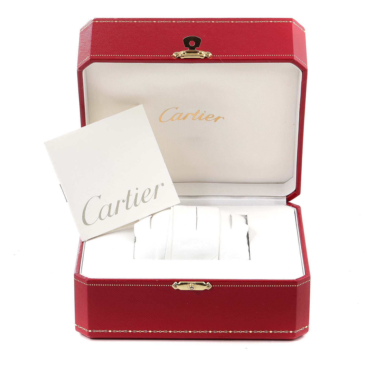 Cartier Pasha W3140007 Women's Stainless Steel Silver Dial W3140007 Women's Stainless Steel Silver Dial watch box is shown open with a Cartier booklet inside.