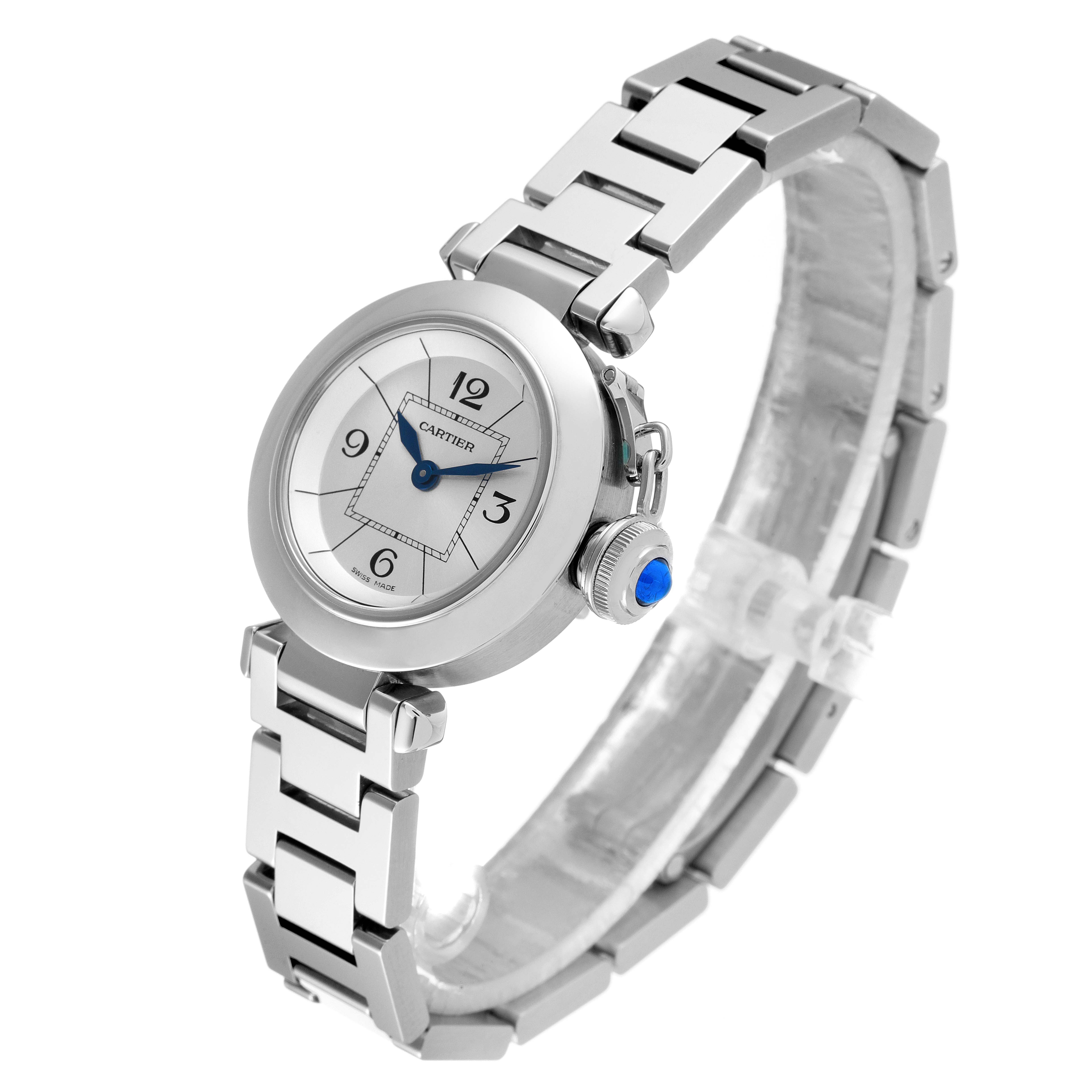 The Cartier Pasha W3140007 Women's Stainless Steel Silver Dial W3140007 Women's Stainless Steel Silver Dial watch is shown from a three-quarter angle, highlighting its face, crown, and stainless steel bracelet.