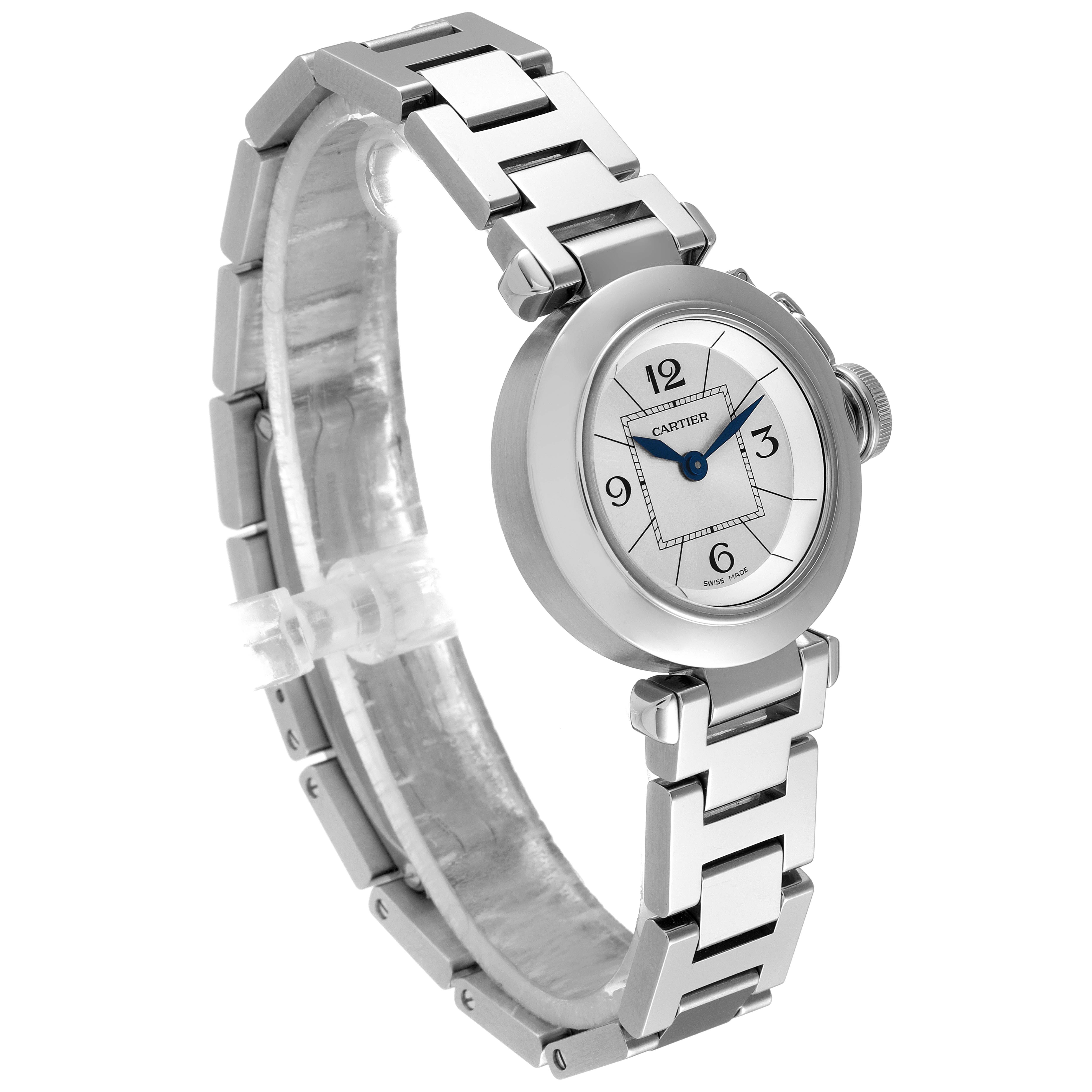 The Cartier Pasha W3140007 Women's Stainless Steel Silver Dial W3140007 Women's Stainless Steel Silver Dial watch is shown at a side angle, displaying its round face, metal bracelet, and crown.