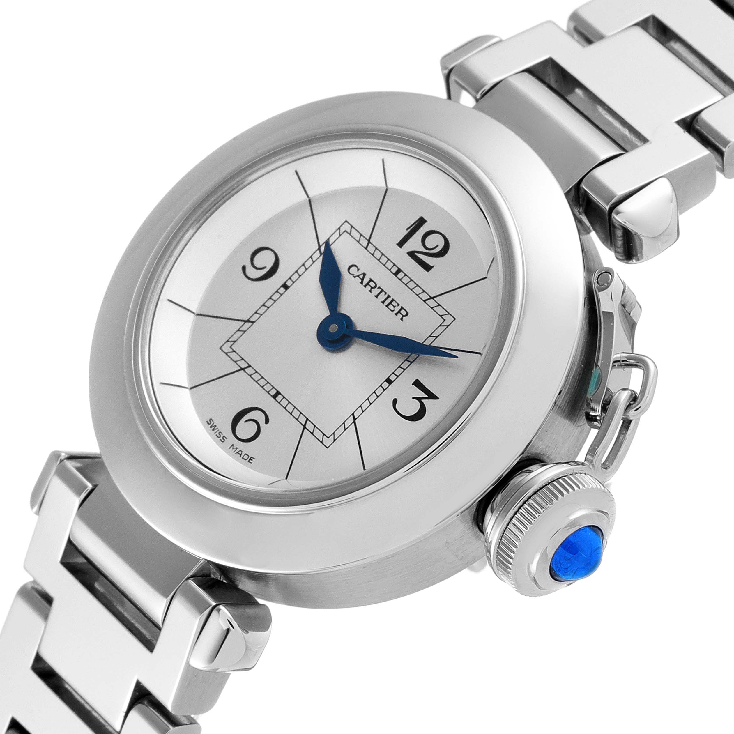 This Cartier Pasha W3140007 Women's Stainless Steel Silver Dial W3140007 Women's Stainless Steel Silver Dial watch is shown at a slight angle, highlighting its face, crown guard, and metal bracelet.