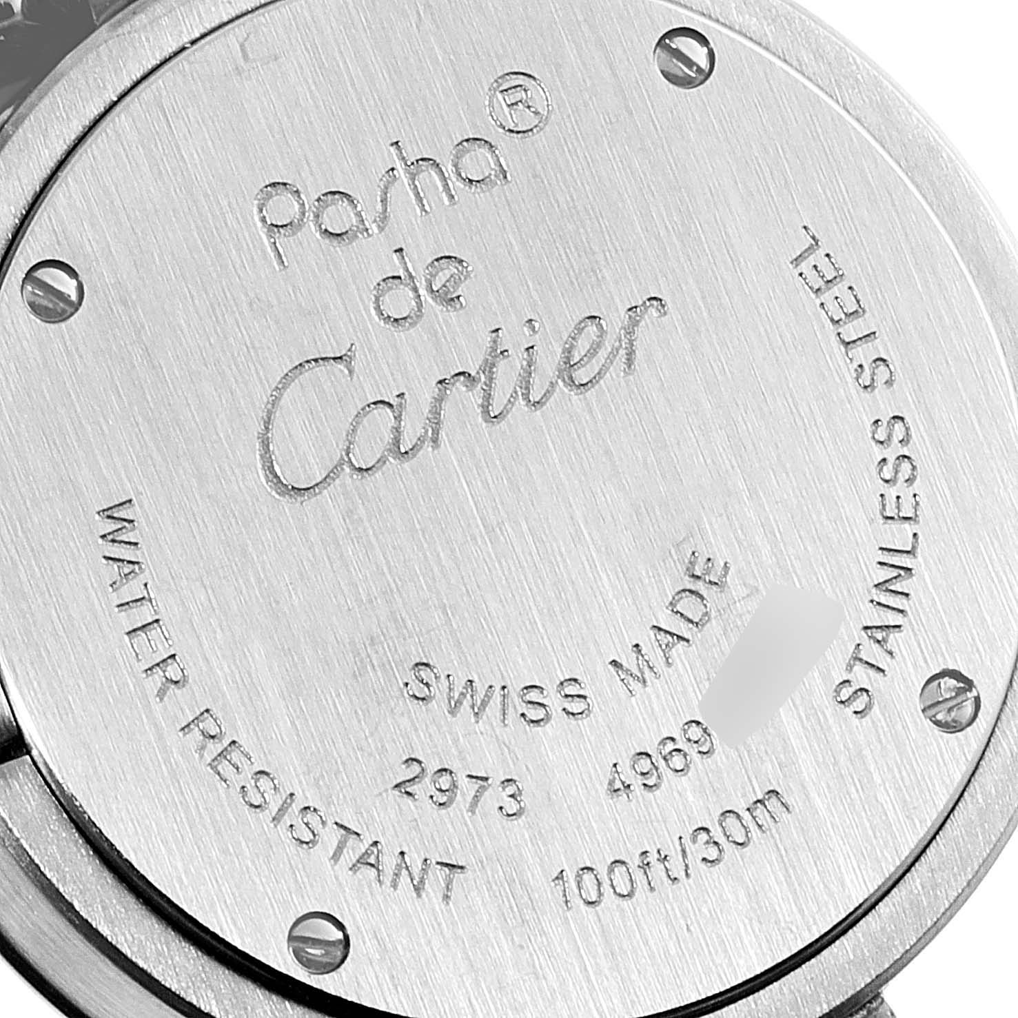 This image shows the case back of a Cartier Pasha W3140007 Women's Stainless Steel Silver Dial W3140007 Women's Stainless Steel Silver Dial watch, highlighting its engravings and water resistance details.