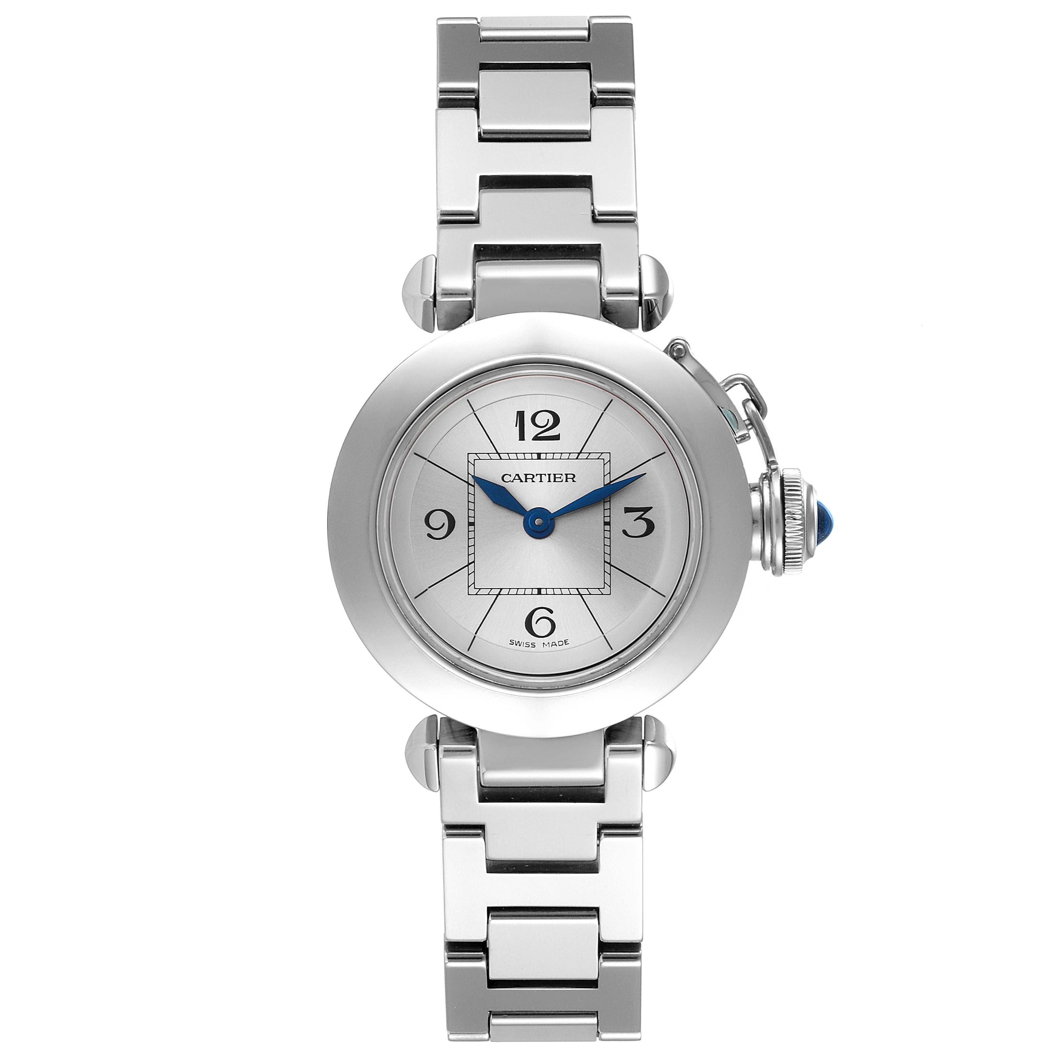 The image shows a front view of a Cartier Pasha W3140007 Women's Stainless Steel Silver Dial W3140007 Women's Stainless Steel Silver Dial watch, displaying its dial, bracelet, and crown.