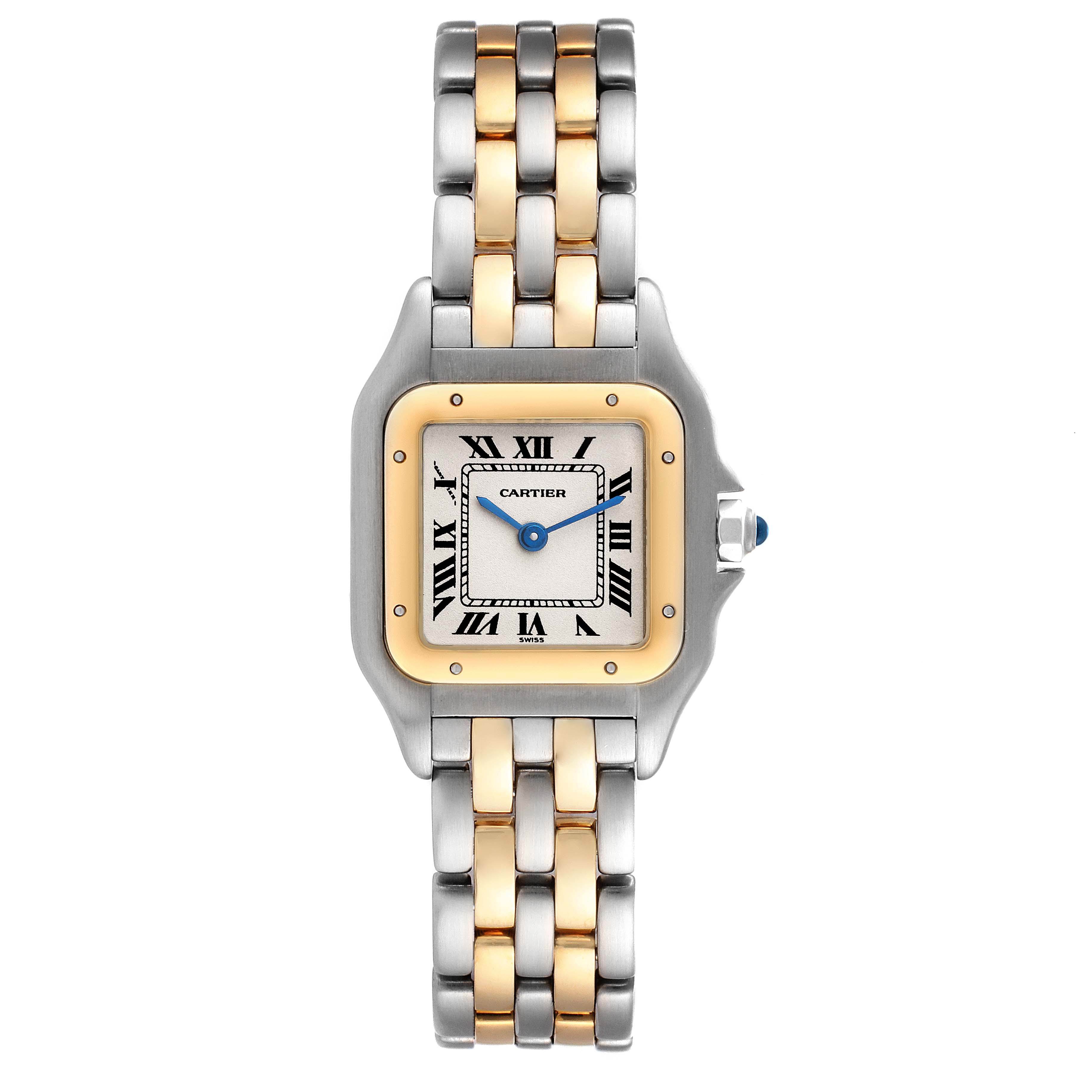The image shows a front view of the Cartier Panthere W25029B6 Women's Steel and Gold (two tone) Silver Dial W25029B6 Women's Steel and Gold (two tone) Silver Dial watch, highlighting its two-tone metal band and Roman numeral dial.
